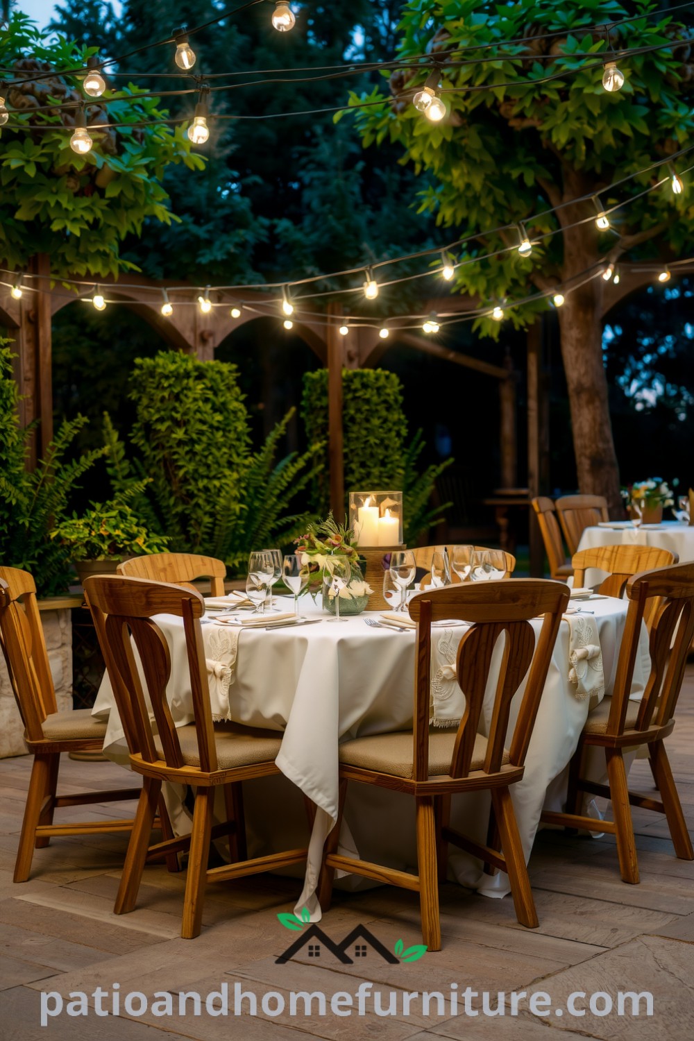 Outdoor dinner setup featuring a table draped in crisp linen under twinkling fairy lights, surrounded by weathered wooden chairs and lush greenery, offering cozy ideas for hosting an inviting celebration, found at fireplacesandwoodstoves.com.