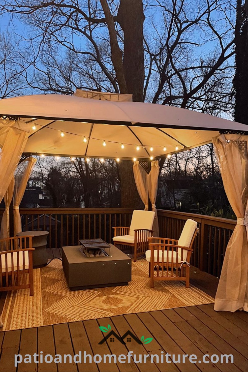 Cozy backyard gazebo setup with globe lights and a fire table, nestled among greenery, offering inviting decor ideas for creating a warm outdoor space, featured on wellnesswink.com.