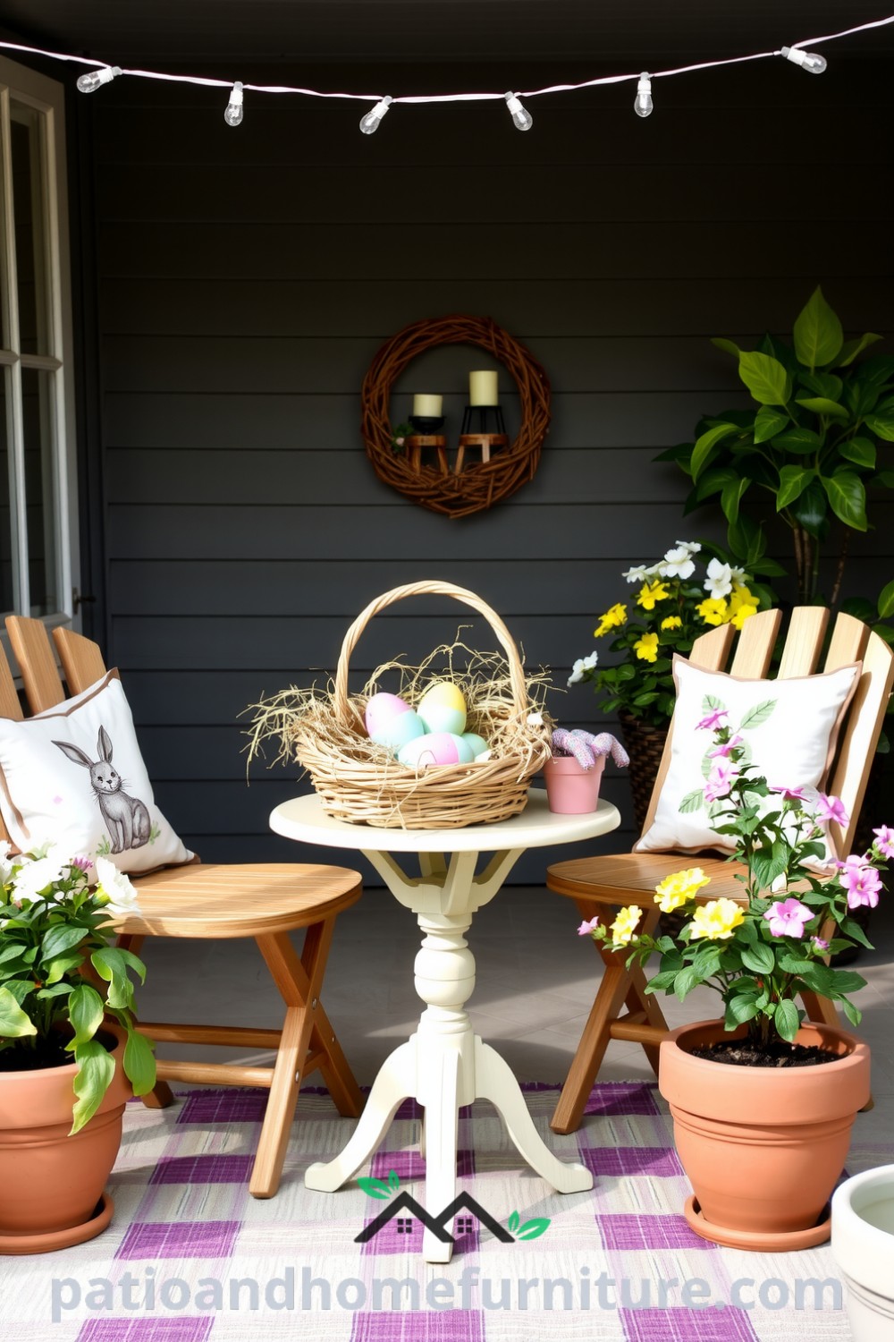 Easter patio decor featuring pastel-colored eggs in a straw basket, rustic bistro chairs with hand-painted cushions, vibrant flowering plants in clay pots, and string lights, showcasing cozy ideas for your home and unique decor inspiration from fireplacesandwoodstoves.com.
