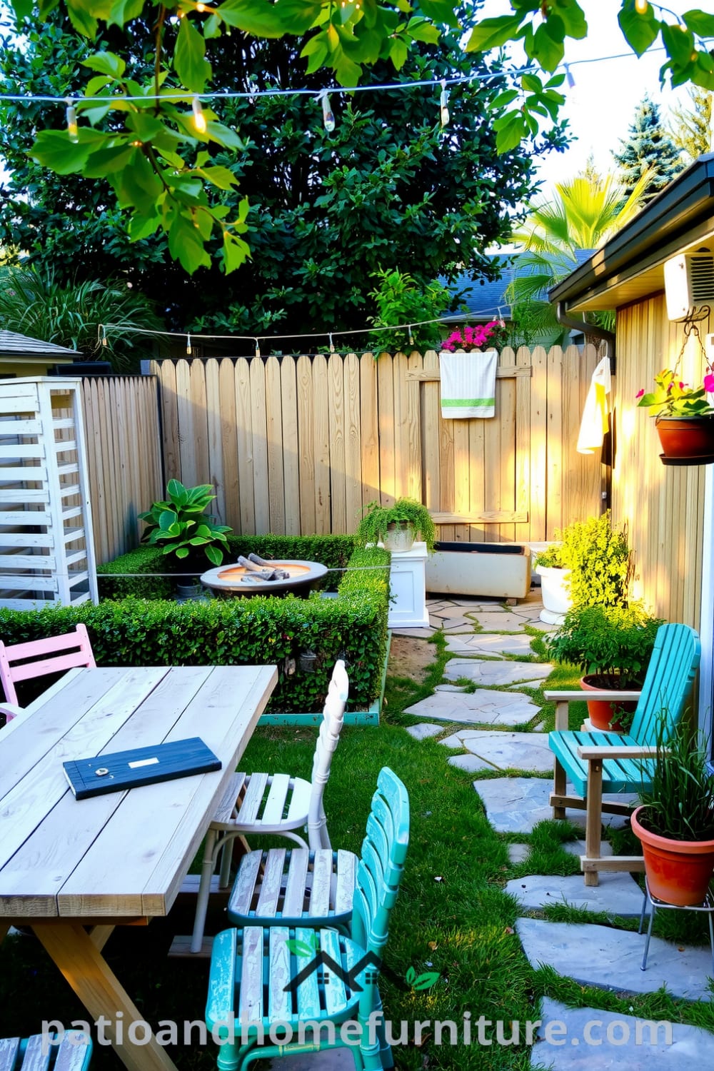 A cozy backyard setup featuring a wooden picnic table surrounded by mismatched chairs, potted herbs, a fire pit, and twinkling fairy lights, offering design ideas for creating an inviting outdoor space at fireplacesandwoodstoves.com.
