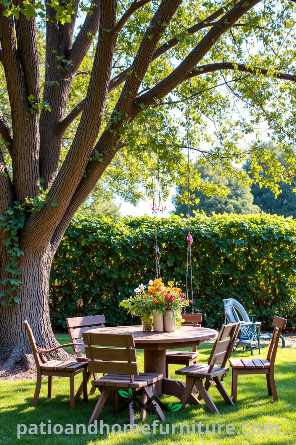Cozy outdoor scene featuring a rustic wooden table with mismatched chairs, climbing vines on a trellis, wildflowers, and a tire swing from an oak tree, creating a serene atmosphere and providing unique ideas for your home, visit fireplacesandwoodstoves.com.