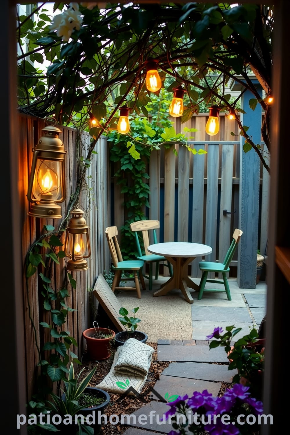 Cozy backyard retreat featuring a rustic wooden fence with climbing vines, a stone patio with mismatched chairs, and flickering lanterns creating a warm ambiance, perfect for inviting evenings filled with laughter and inspiration, found at fireplacesandwoodstoves.com.