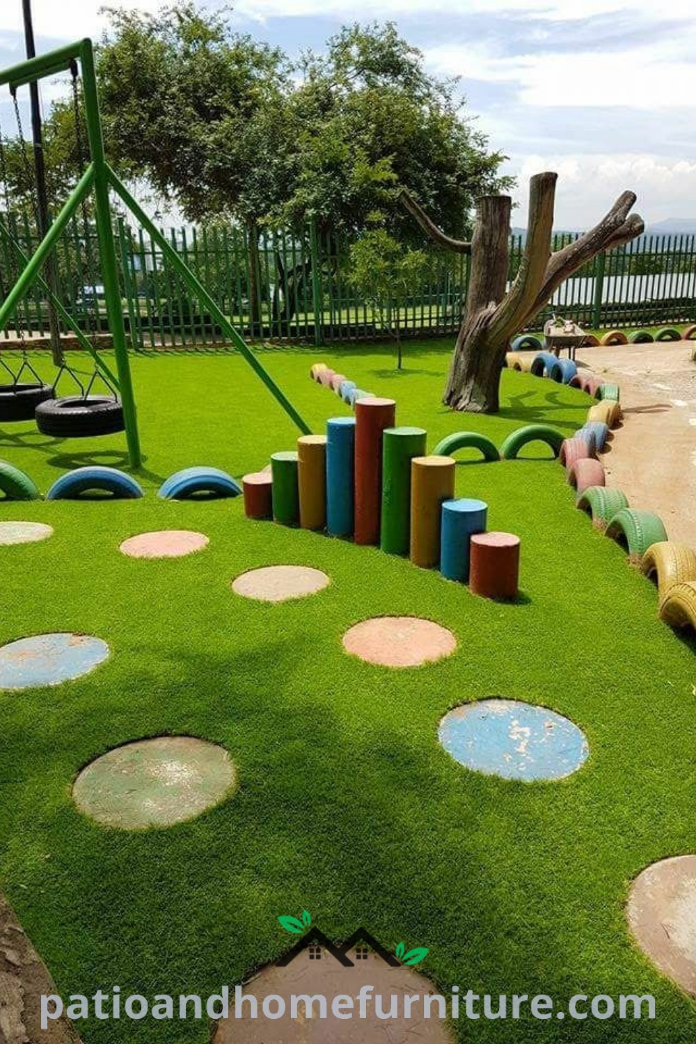 A vibrant outdoor playground filled with colorful play equipment, including swings, slides, and climbing structures, designed for children