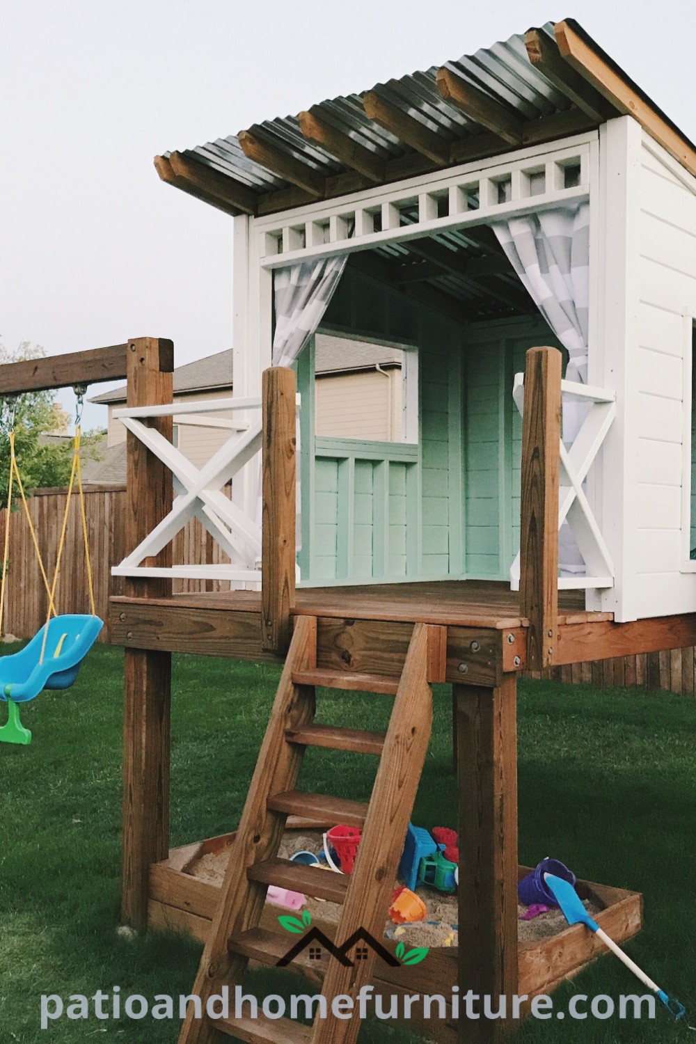 A charming backyard featuring a swing set and playhouse, designed for kids