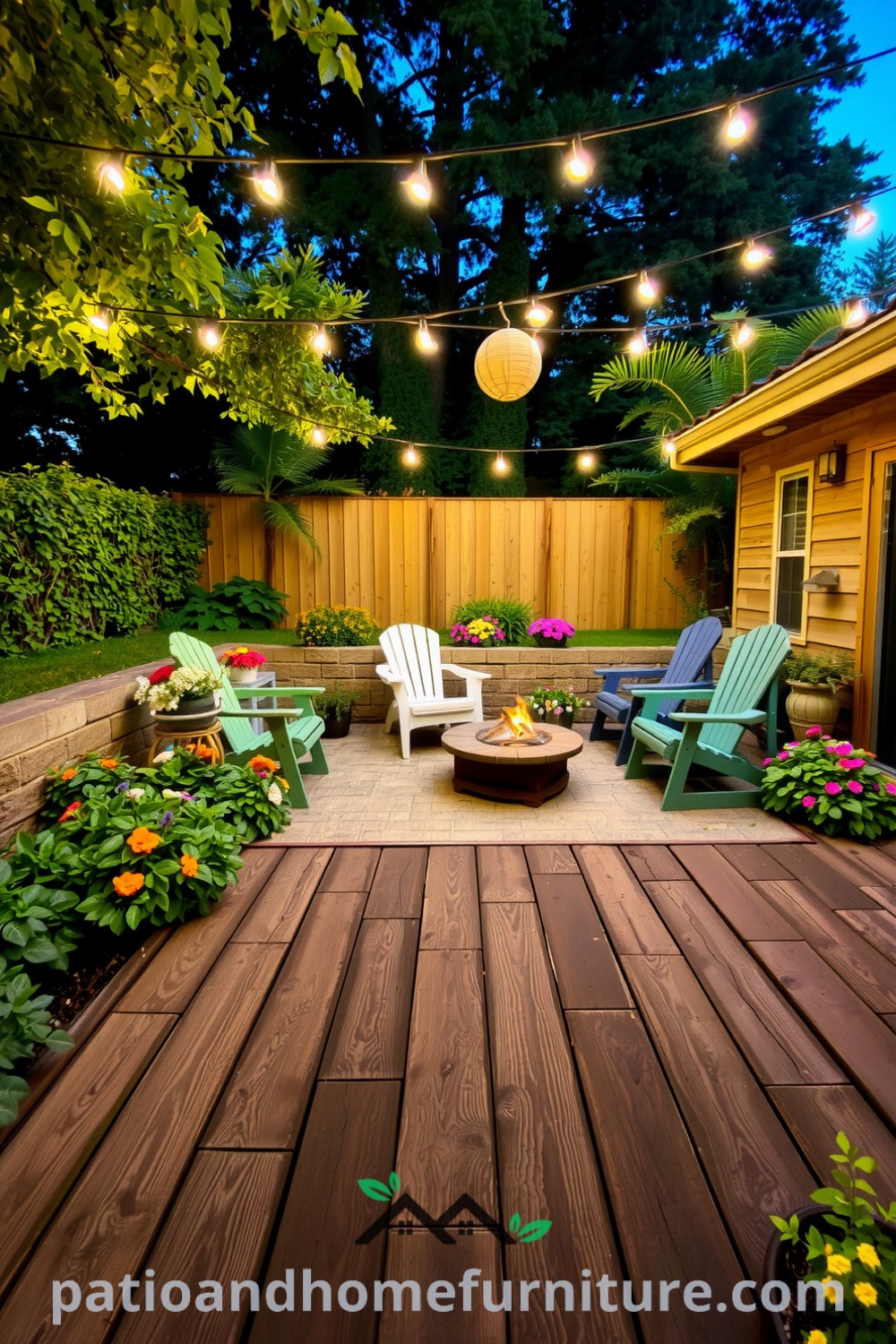 A cozy backyard scene with a rustic wooden deck, vibrant flower beds, and a low stone wall fire pit surrounded by mismatched chairs, enhanced by twinkling string lights, providing warm and inviting decor ideas for your home at fireplacesandwoodstoves.com.