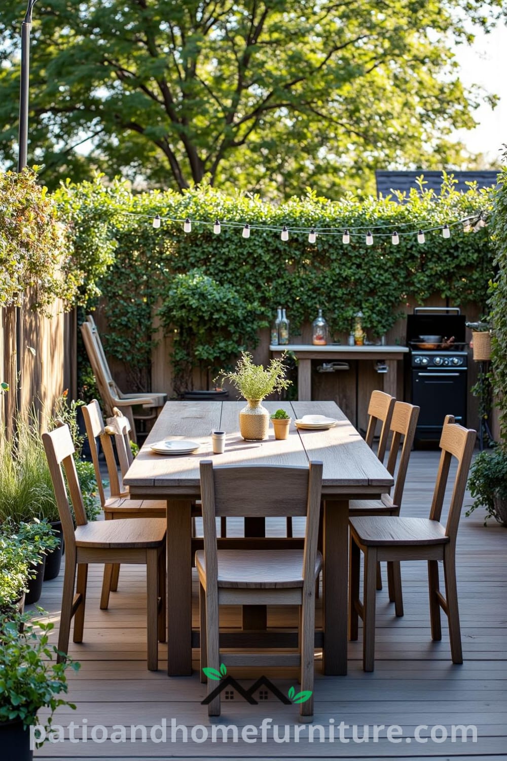Backyard with a weathered wooden table and mismatched chairs surrounded by potted herbs and soft fairy lights, creating a cozy gathering space, inspired by decor ideas from fireplacesandwoodstoves.com.