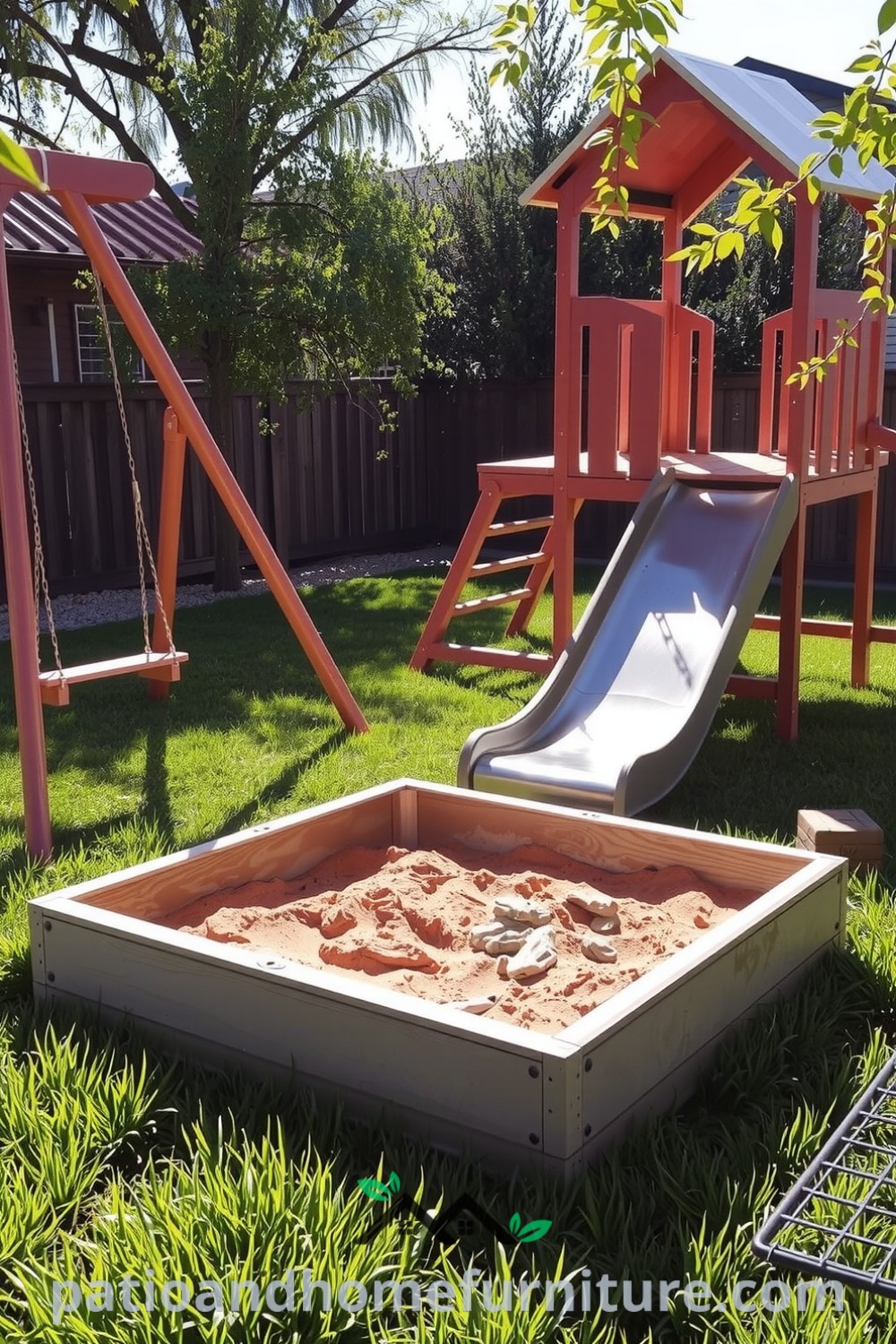 Colorful backyard play center featuring wooden swings, a shiny slide, a golden sandbox, and a climbing structure, surrounded by lush grass, capturing the essence of childhood fun and exploration, inspired by cozy ideas and design inspirations from fireplacesandwoodstoves.com.