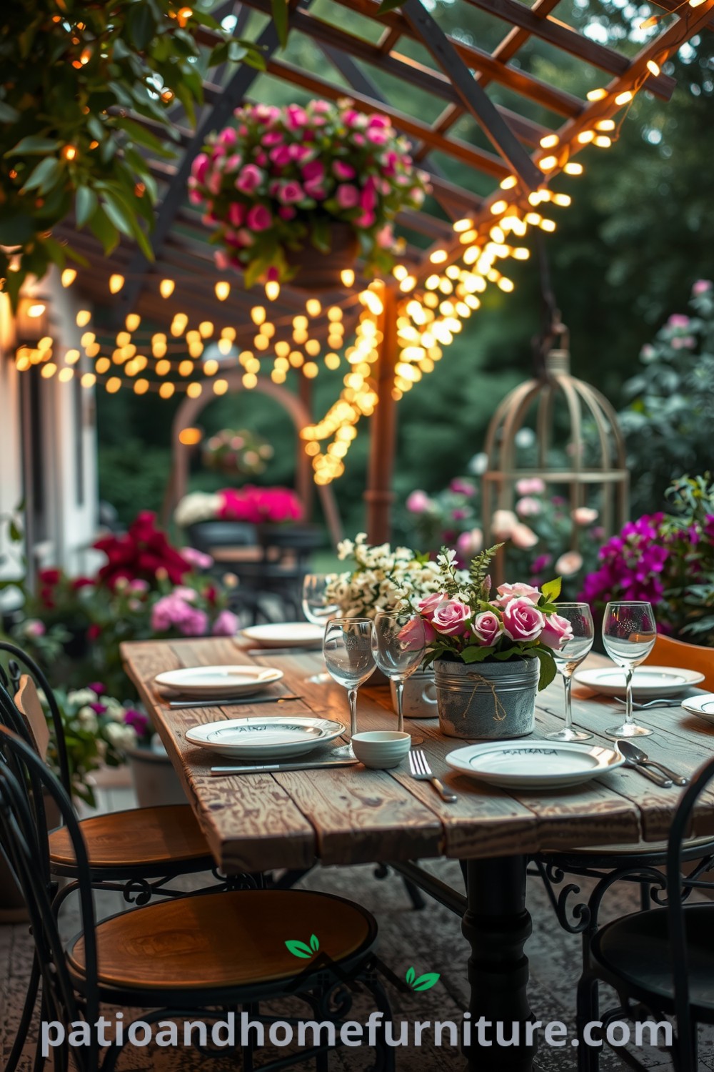 Cozy outdoor patio dining setup with rustic wooden table, mismatched ceramic plates, delicate glassware, and twinkling fairy lights, creating a romantic ambiance with blooming flowers, inspired by ideas for your home and decor inspirations from fireplacesandwoodstoves.com.