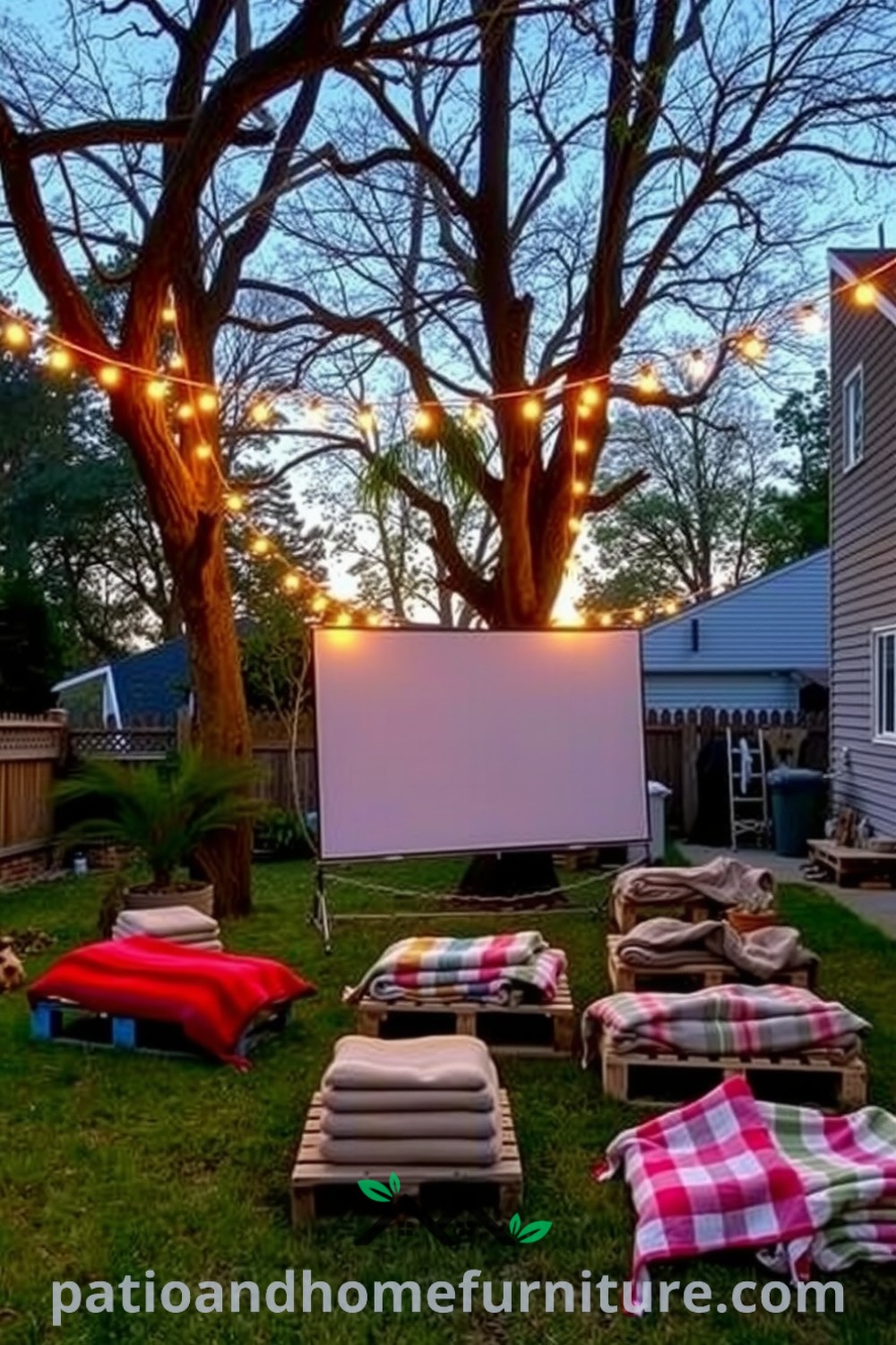 Backyard movie night setup with a screen between trees, adorned with twinkling string lights, rustic wooden pallets for seating, and colorful blankets, offering cozy ideas for outdoor decor inspirations on fireplacesandwoodstoves.com.