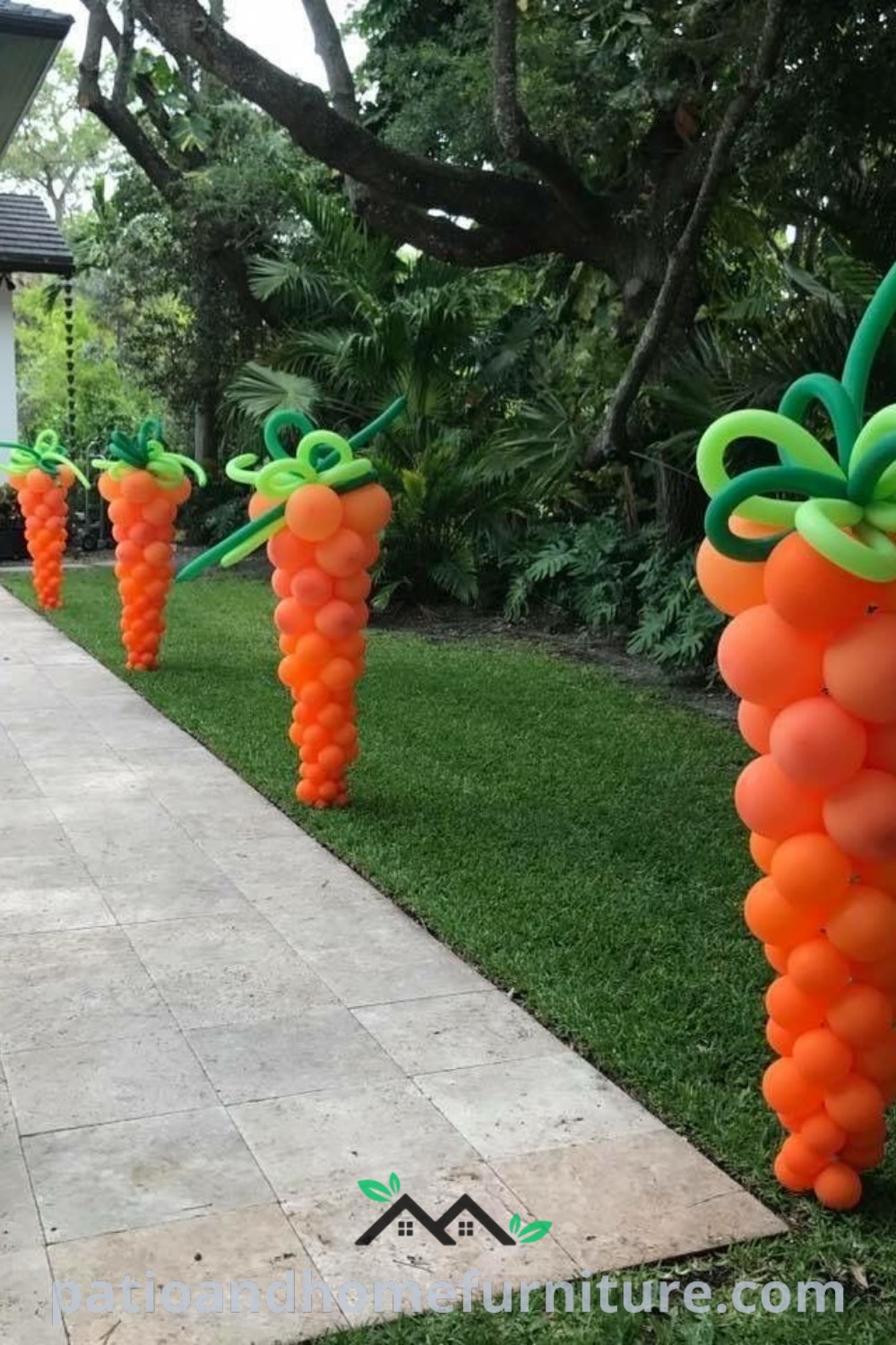 A charming Easter decor scene featuring carrots nestled in grass with colorful balloons tied to them using green leaves, offering cozy ideas for festive celebrations, as seen on wellnesswink.com.
