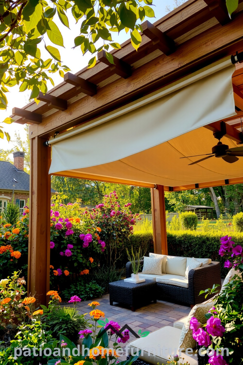 Retractable canopy pergola in a sunlit garden setting, surrounded by vibrant flowers and lush greenery, offering cozy ideas for outdoor relaxation and inspiring decor ideas for your home at fireplacesandwoodstoves.com.