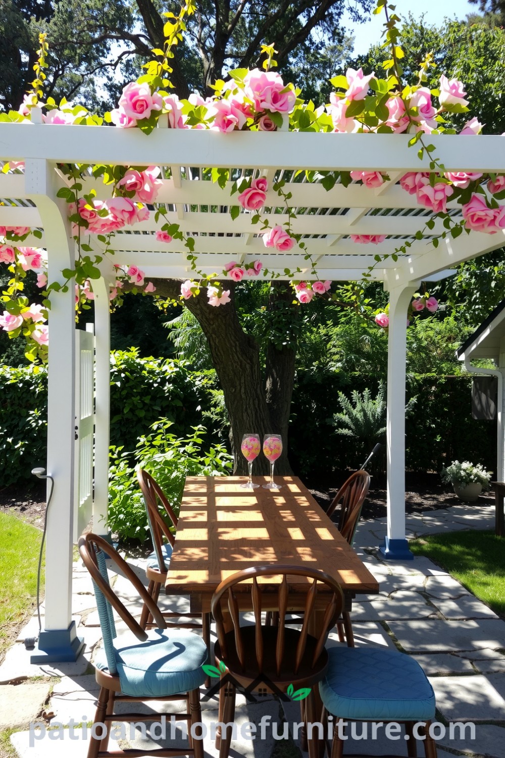 A vibrant floral vinyl pergola surrounded by greenery, featuring a rustic wooden table and mismatched chairs on a stone patio, providing cozy ideas for outdoor gatherings, perfect for family meals and relaxation, ideal for inspiring designs and decor ideas for your home on fireplacesandwoodstoves.com.