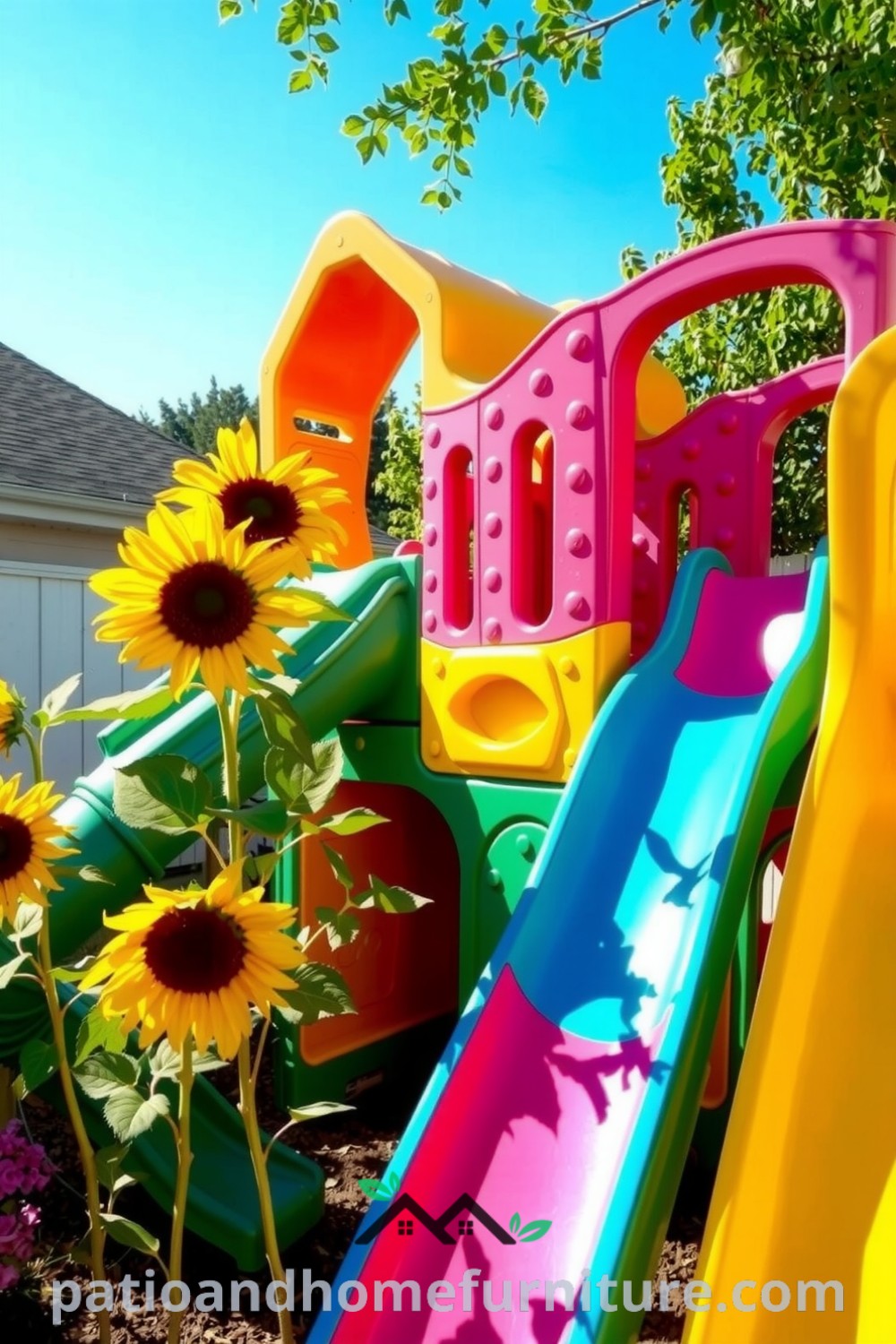 Brightly colored modular plastic playground in a sunlit backyard surrounded by green and blooming sunflowers, with children playing joyfully, reflecting warm and inviting decor ideas perfect for cozy outdoor spaces, seen at fireplacesandwoodstoves.com.