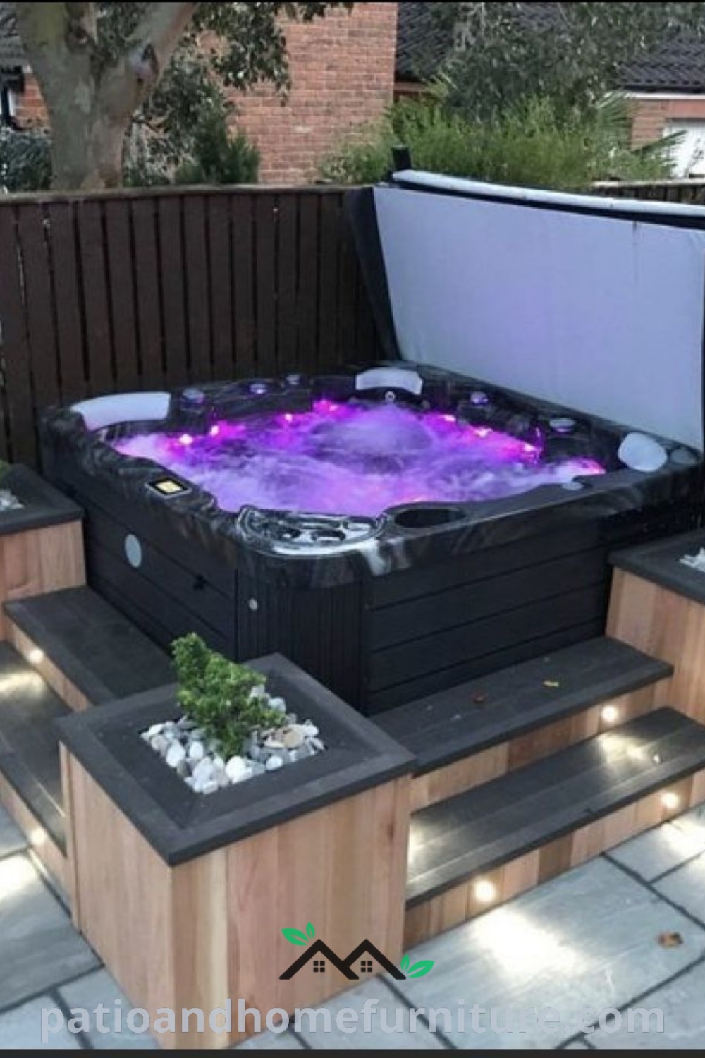 Cozy hot tub on a wooden bench next to a brick patio area, showcasing inspiring decor ideas for a relaxing outdoor space, featured on wellnesswink.com.
