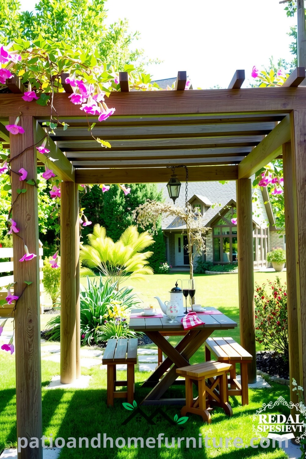 Floral vinyl pergola with vibrant flowers and trailing vines in a sun-dappled garden, featuring a rustic wooden table set for afternoon tea, creating a cozy and inviting atmosphere. For more cozy ideas for your home, visit fireplacesandwoodstoves.com.