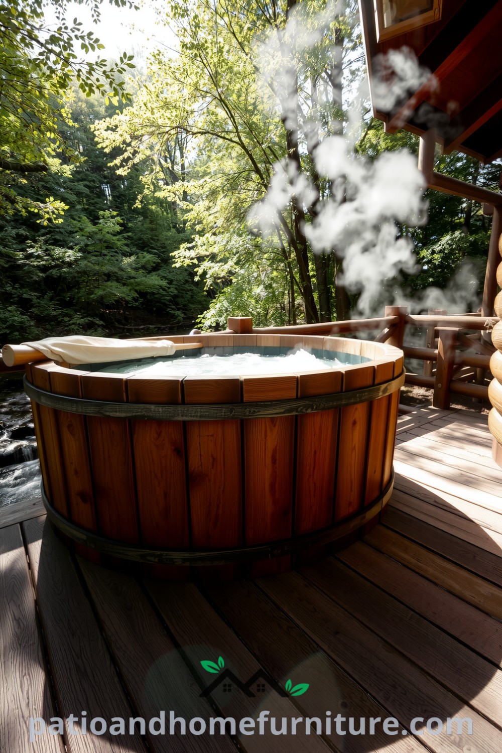Traditional wooden hot tub on a deck overlooking a flowing stream, surrounded by trees, with steam rising gently into the air, illustrating cozy home decor ideas for a relaxing outdoor retreat at fireplacesandwoodstoves.com.