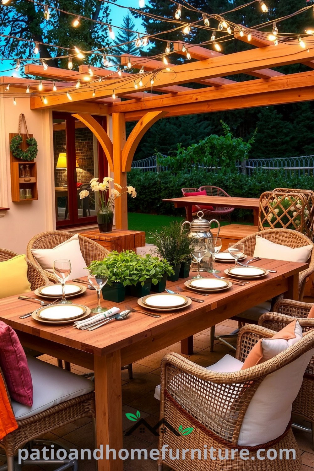 A cozy outdoor patio table set beneath twinkling fairy lights, featuring natural wood surfaces, woven chairs with earthy cushions, eclectic glassware, and potted herbs, providing charming decor inspirations for your home at fireplacesandwoodstoves.com.