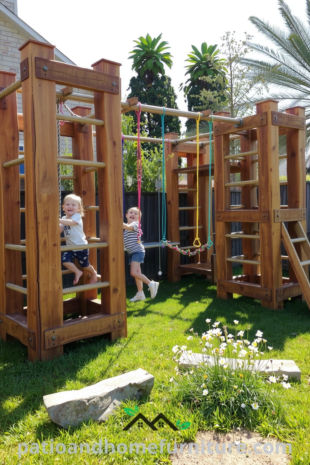 Colorful climbing structures in a sun-drenched backyard, surrounded by soft grass and wildflowers, capturing the essence of childhood adventure and outdoor play, featuring unique design ideas and inspirations for creating a cozy home at fireplacesandwoodstoves.com.