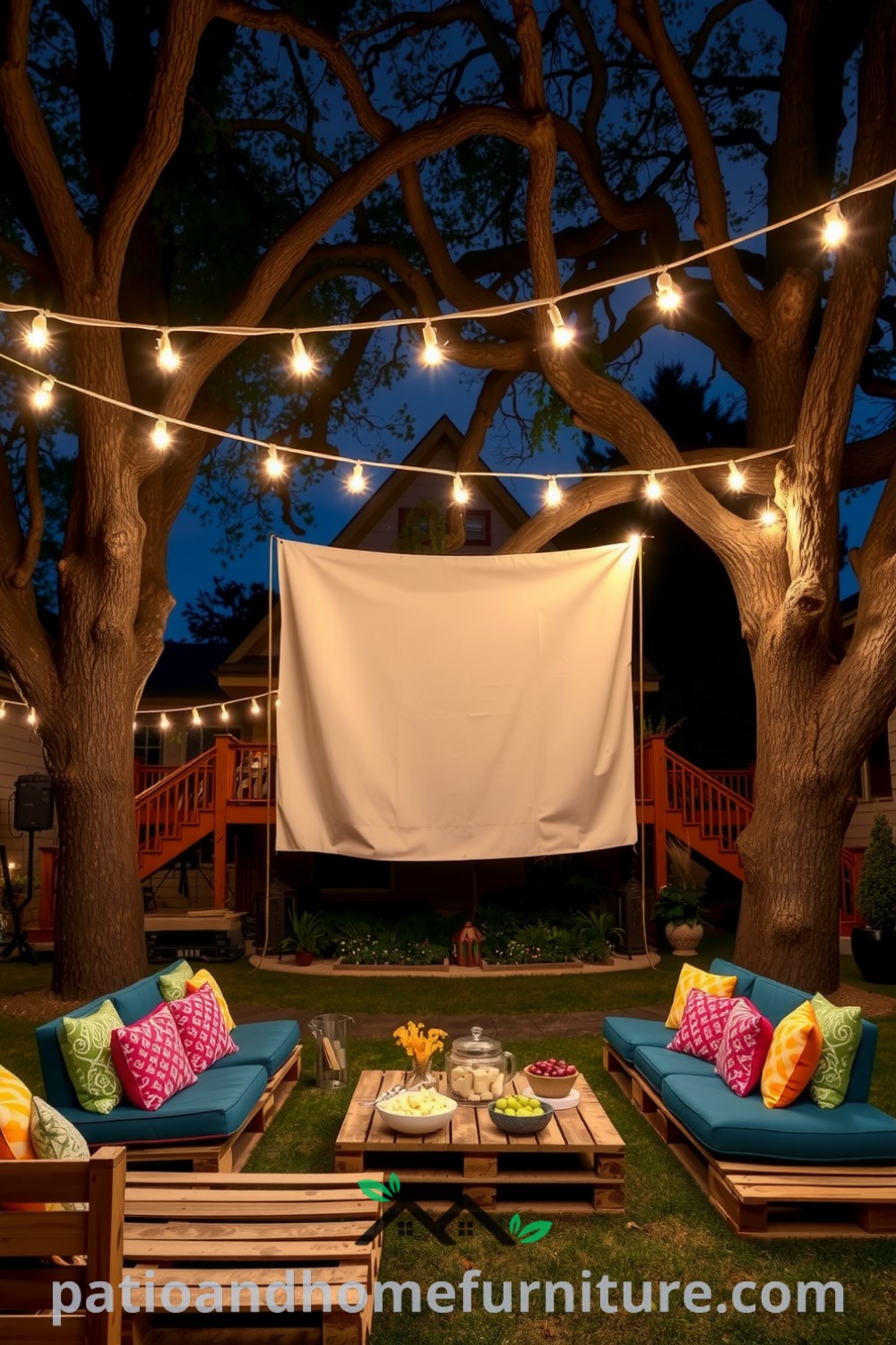 Cozy backyard cinema setup beneath a starlit sky, featuring a weathered screen, wooden pallet seating with colorful cushions, and fairy lights overhead, creating an inviting atmosphere for outdoor movie nights. Visit fireplacesandwoodstoves.com for unique decor ideas.