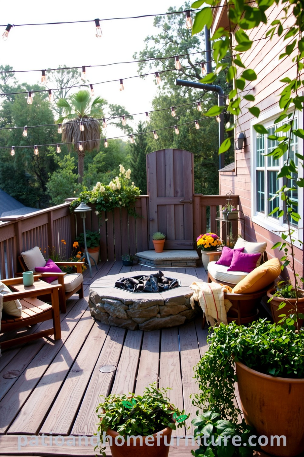 Cozy backyard design idea with a rustic wooden deck, mismatched chairs, twinkling string lights, and a central stone fire pit surrounded by cushions, offering unique decor inspirations for your home, ideal for intimate gatherings. Visit fireplacesandwoodstoves.com for more inspiring ideas.