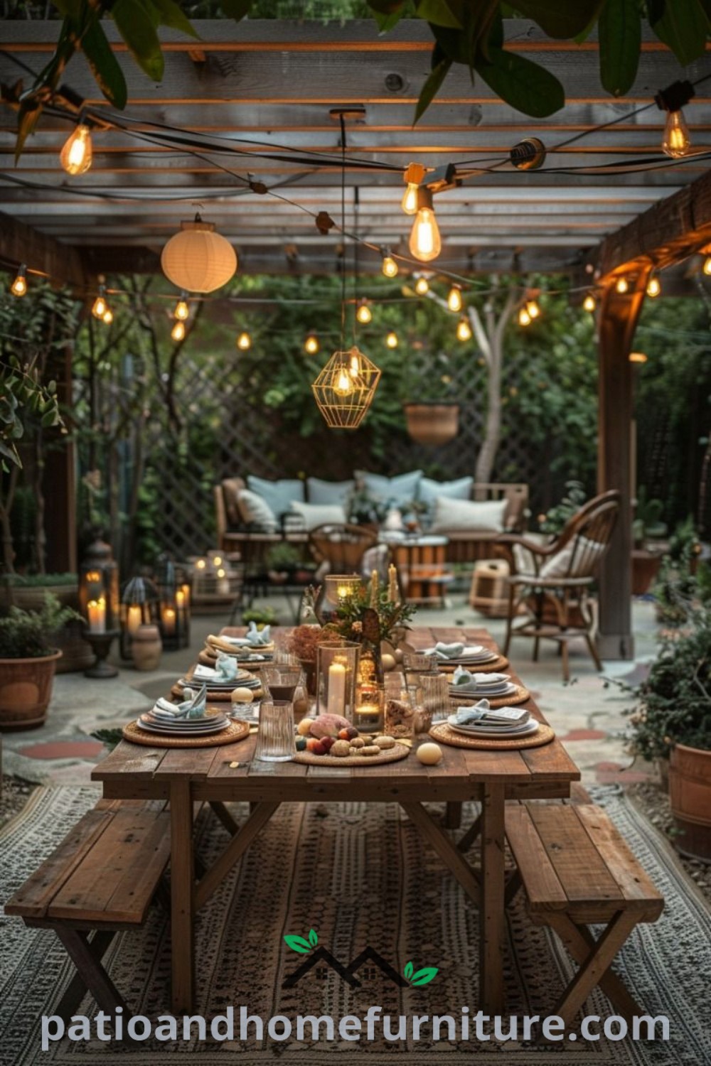 Cozy outdoor dining area with twinkling lights, rustic patio decor, and stylish furniture, offering design ideas for elegant picnics and gatherings at wellnesswink.com.