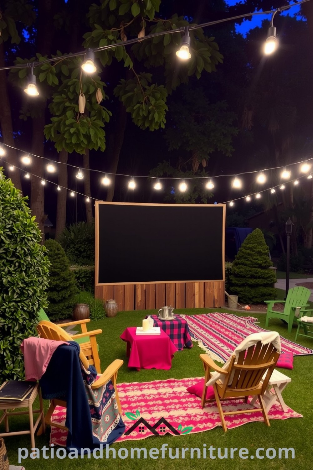 Cozy backyard cinema made from reclaimed wood, featuring a frayed homemade screen, mismatched folding chairs, colorful blankets, and twinkling fairy lights, creating a warm and inviting atmosphere for movie nights, with ideas for your home inspired by fireplacesandwoodstoves.com.