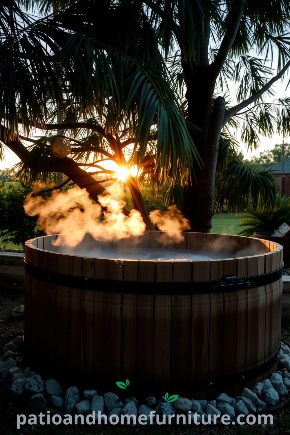 Cozy wooden hot tub surrounded by nature in a secluded garden, with steam rising and sunlight casting a warm glow, enhancing serene ambiance and providing unique design ideas for your home, found at fireplacesandwoodstoves.com.