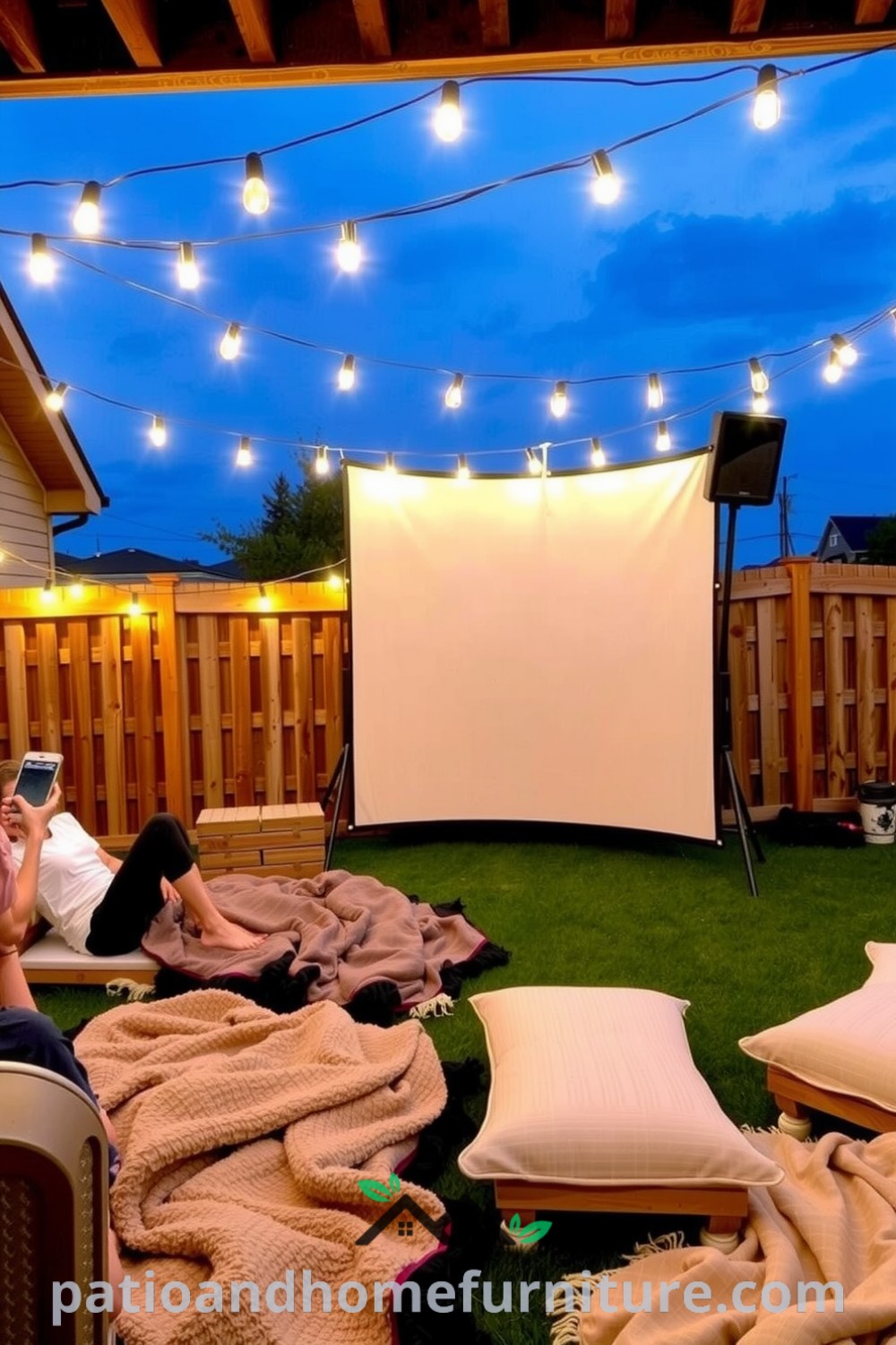 Backyard cinema setup with string lights, a weathered screen, plush blankets, and oversized cushions illuminated by a soft glow, creating a cozy and inviting atmosphere perfect for movie nights, featuring unique ideas for your home from fireplacesandwoodstoves.com.