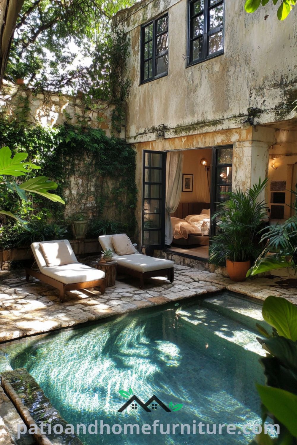 Inviting outdoor pool space from patioandhomefurniture.com featuring cozy lounge chairs, vibrant potted plants, and rustic stone tiles for your home design ideas.