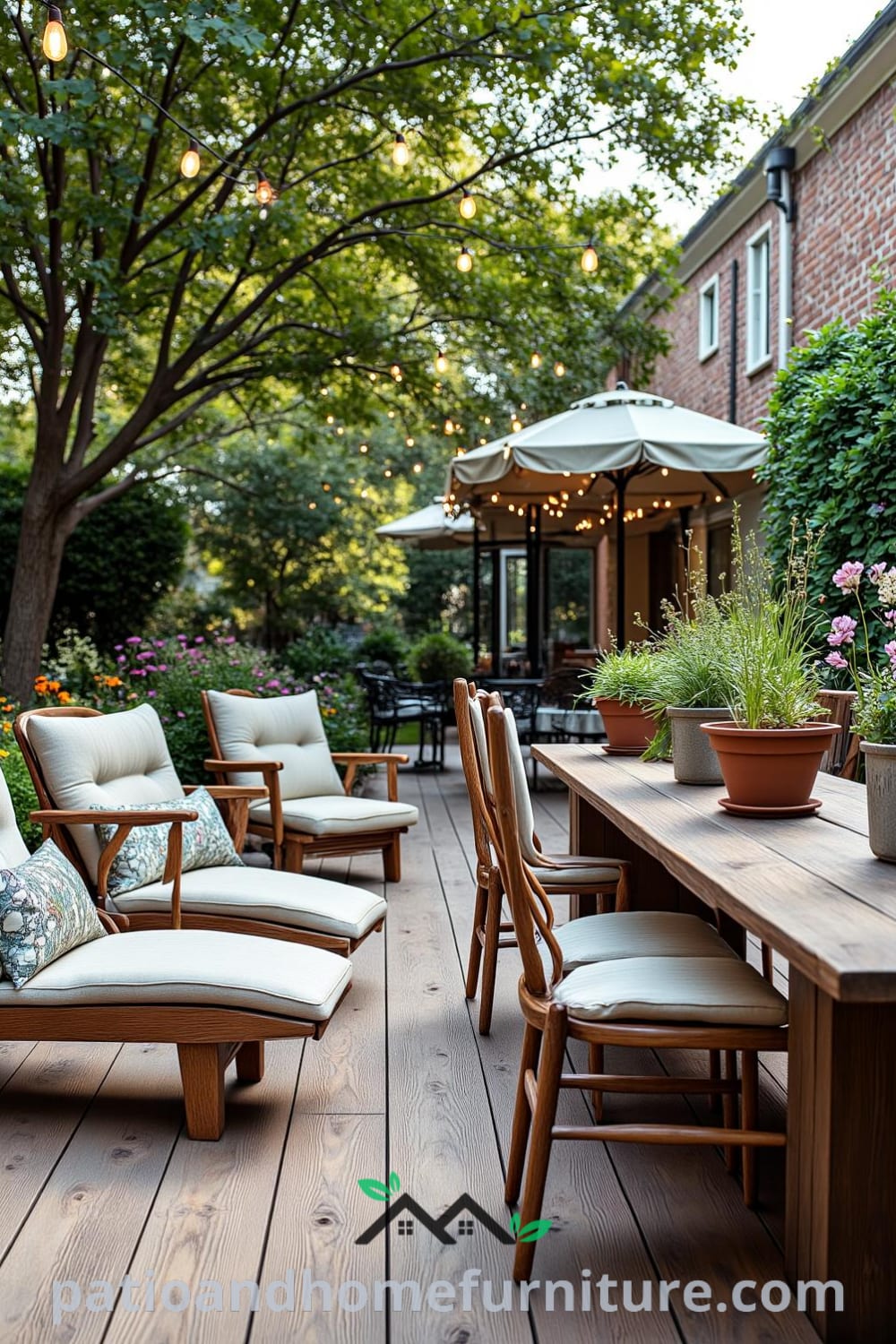 Cozy backyard dining setup featuring worn wooden decking, comfortable lounge chairs, solar-powered lights, and a rustic dining table with mismatched chairs, adorned with potted herbs and wildflowers, showcasing inspiring decor ideas for creating a cozy home atmosphere at fireplacesandwoodstoves.com.