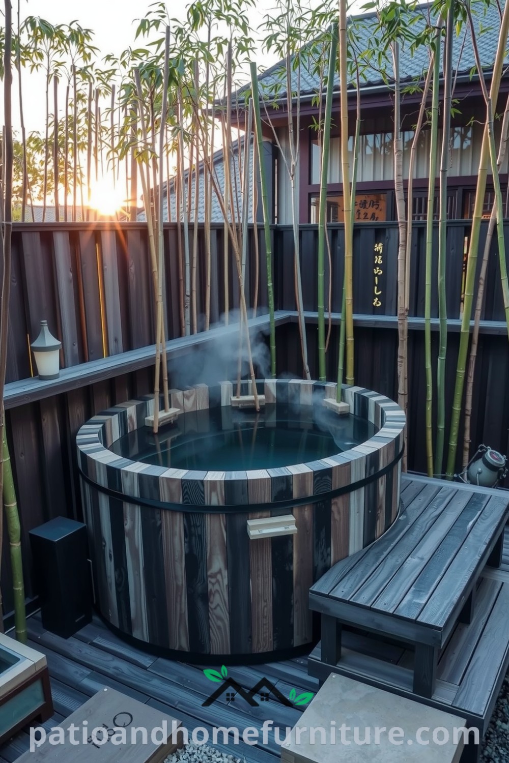 Japanese soaking hot tub on a private deck surrounded by bamboo, with a weathered wooden exterior and natural stone pathway, emanating warmth and inviting relaxation, showcasing cozy decor ideas for your home, available at fireplacesandwoodstoves.com.
