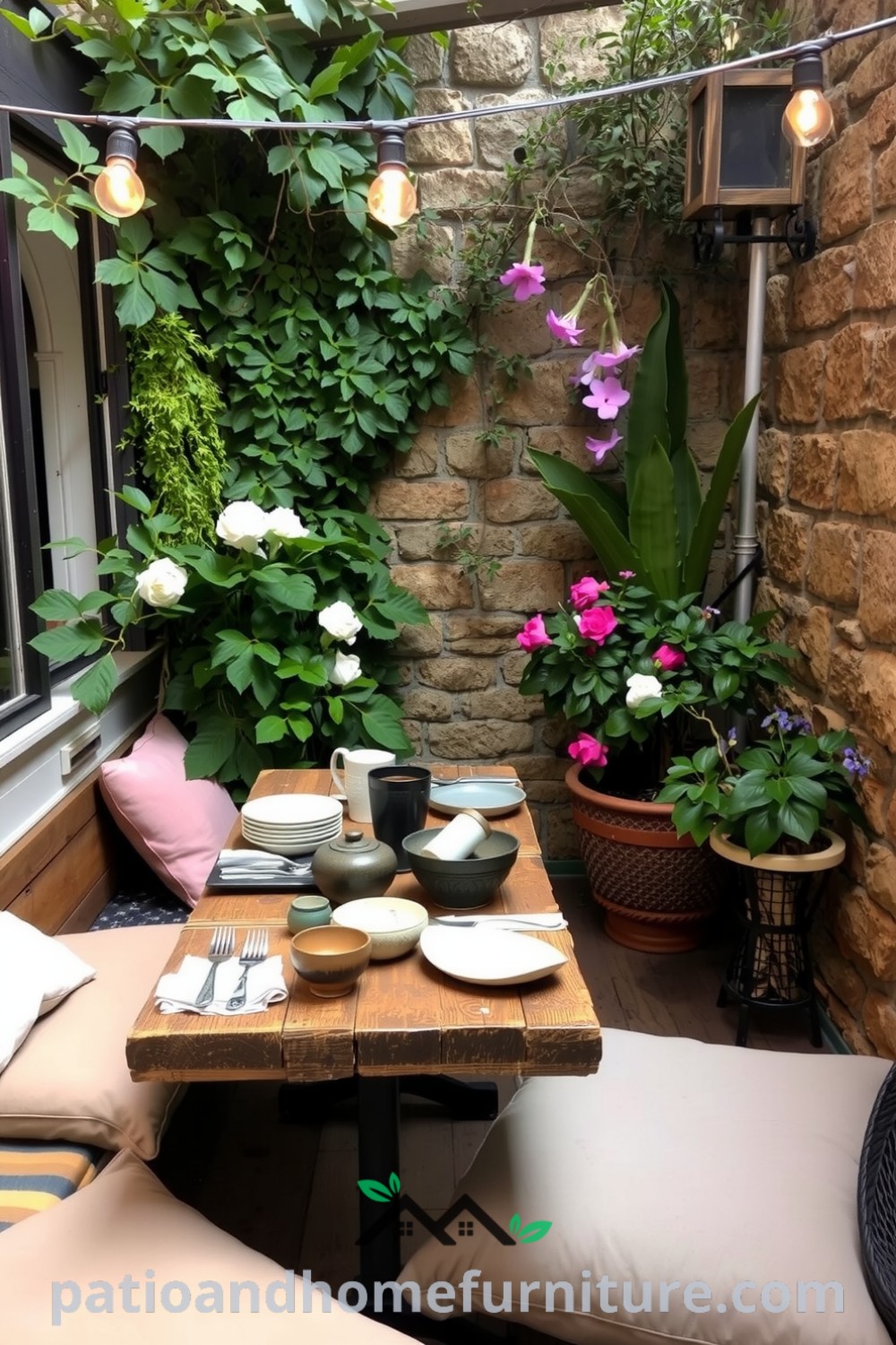 Intimate outdoor dining space with a rustic wooden table, mismatched ceramic dishes, and twinkling string lights amidst lush greenery, epitomizing cozy decor ideas for a charming atmosphere, perfect for gatherings and inspiring unique ideas for your home. Visit fireplacesandwoodstoves.com for more inspirations.