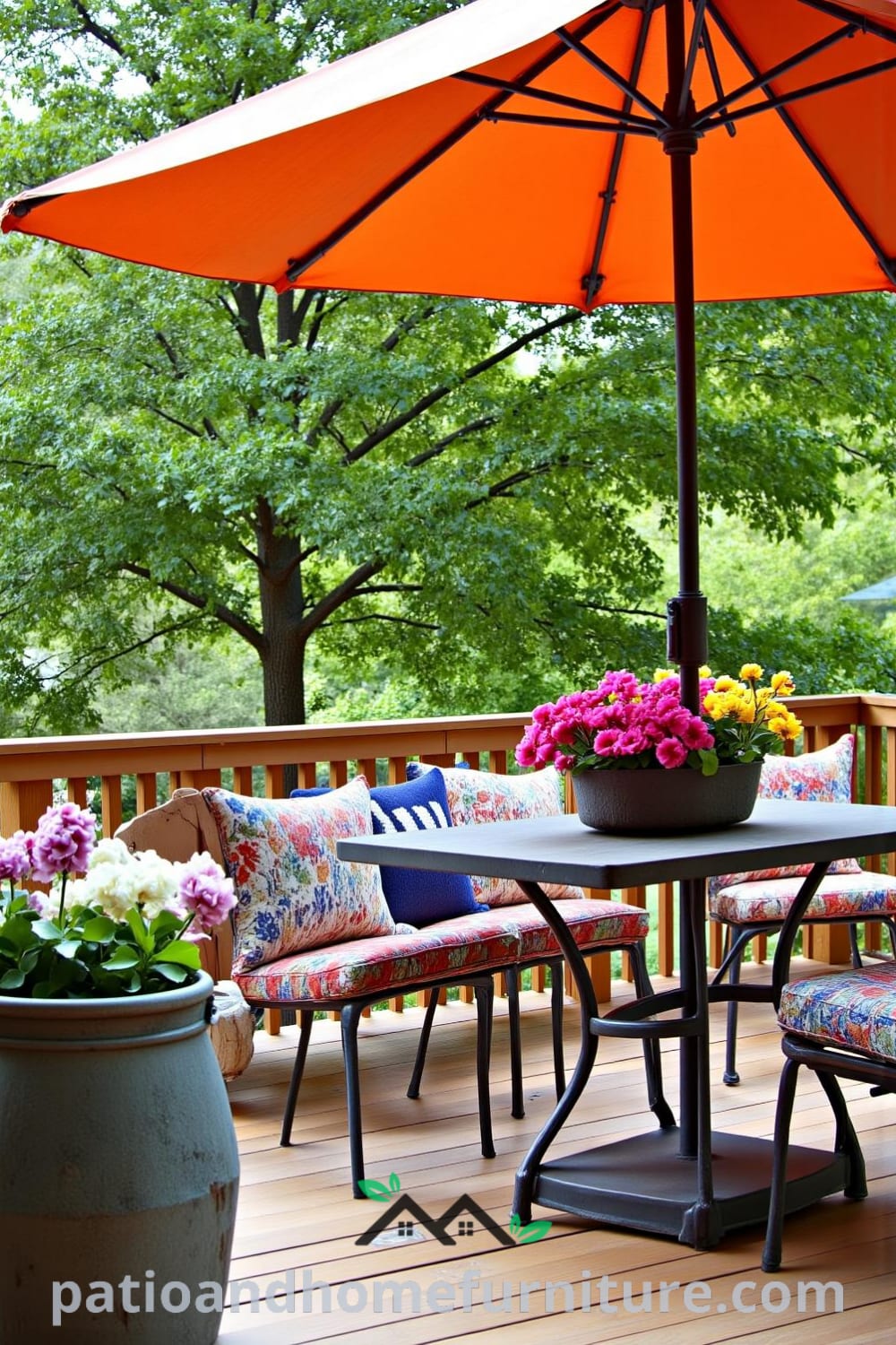 Cozy backyard retreat showcasing a wooden deck, vibrant flower planters, a rusted metal table under a sunshade, and comfortable outdoor seating, perfect for gatherings, inspiring decor ideas for your home at fireplacesandwoodstoves.com.