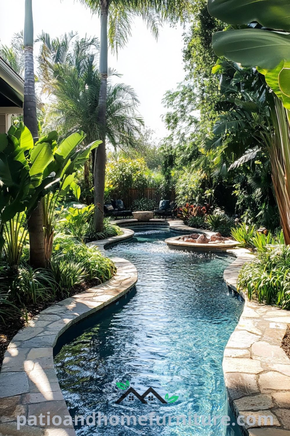 Tranquil backyard oasis design featuring an inground pool, cozy fire pit, and lush landscaping from patioandhomefurniture.com, ideal for creating outdoor living spaces and cozy decor ideas.