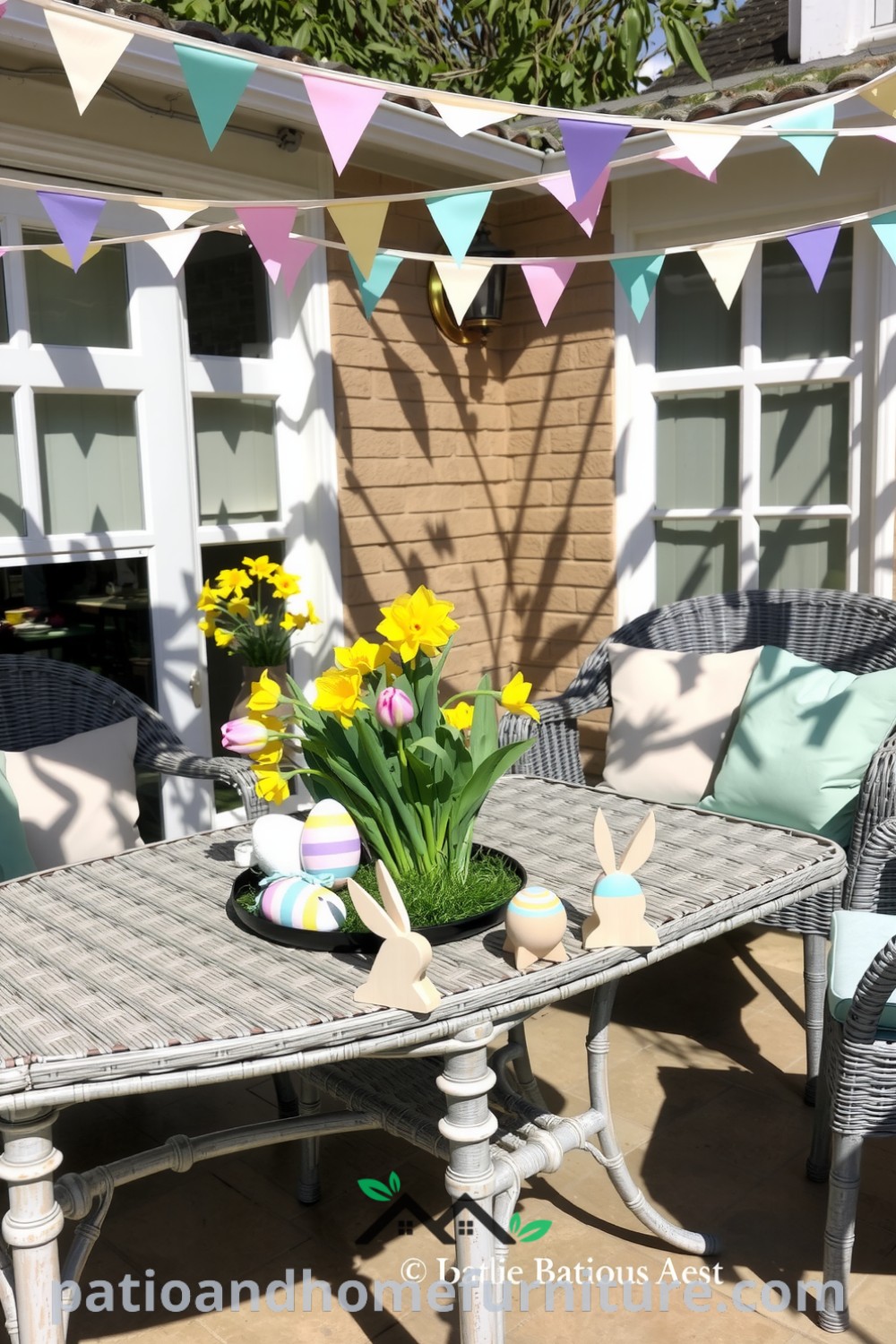 Cheerful patio decorated with pastel hand-painted wooden eggs, vibrant tulips and daffodils centerpiece, cozy seating, and playful paper bunting casting shadows on stone tiles, offering inspiring ideas for transforming your home into a cozy haven. Visit fireplacesandwoodstoves.com for more cozy ideas.