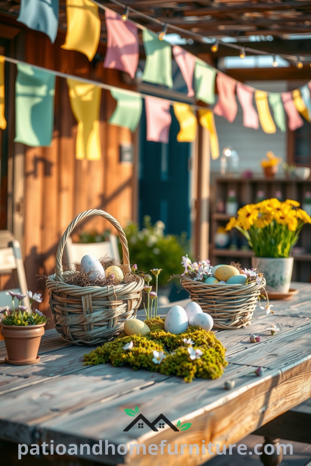 Colorful spring patio with banners, hand-painted flower pots, pastel egg-filled baskets, moss, and wildflowers under twinkling fairy lights, creating a cozy atmosphere for gatherings, showcasing unique decor ideas from fireplacesandwoodstoves.com.