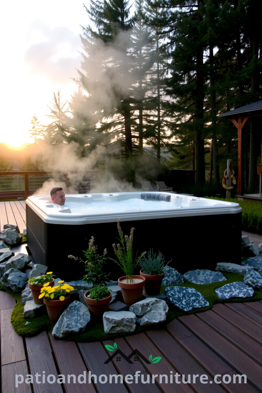 Hot tub on a wooden deck surrounded by moss-covered granite stones, with steam rising in the evening air and fragrant herbs adding to the cozy ambiance, providing decor inspirations for a tranquil outdoor retreat on fireplacesandwoodstoves.com.