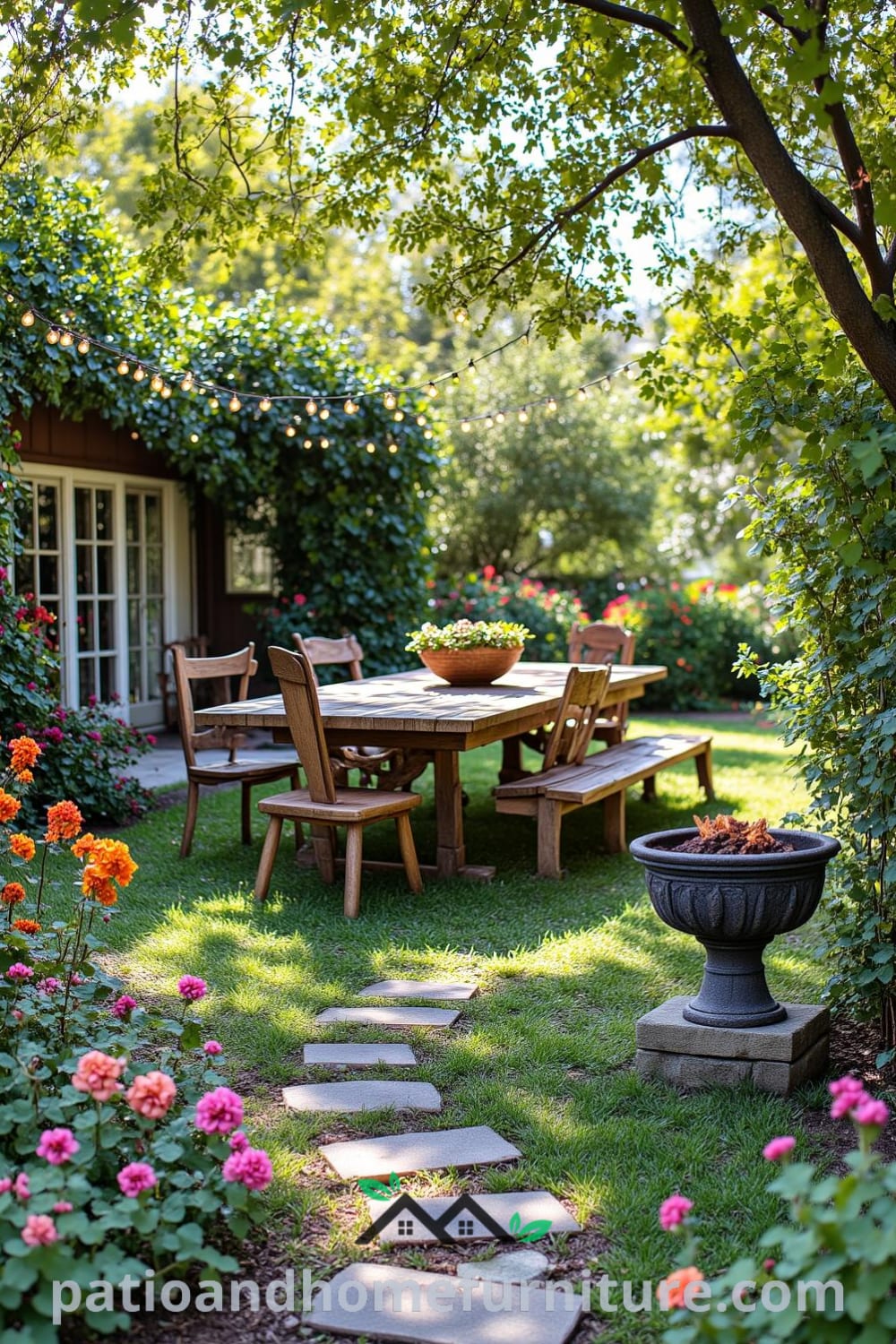 Cozy backyard dining area with a weathered wooden table, mismatched chairs, lush greenery, vibrant flowers, and a fire pit with twinkling fairy lights creating an inviting atmosphere; discover unique ideas for your home at fireplacesandwoodstoves.com.