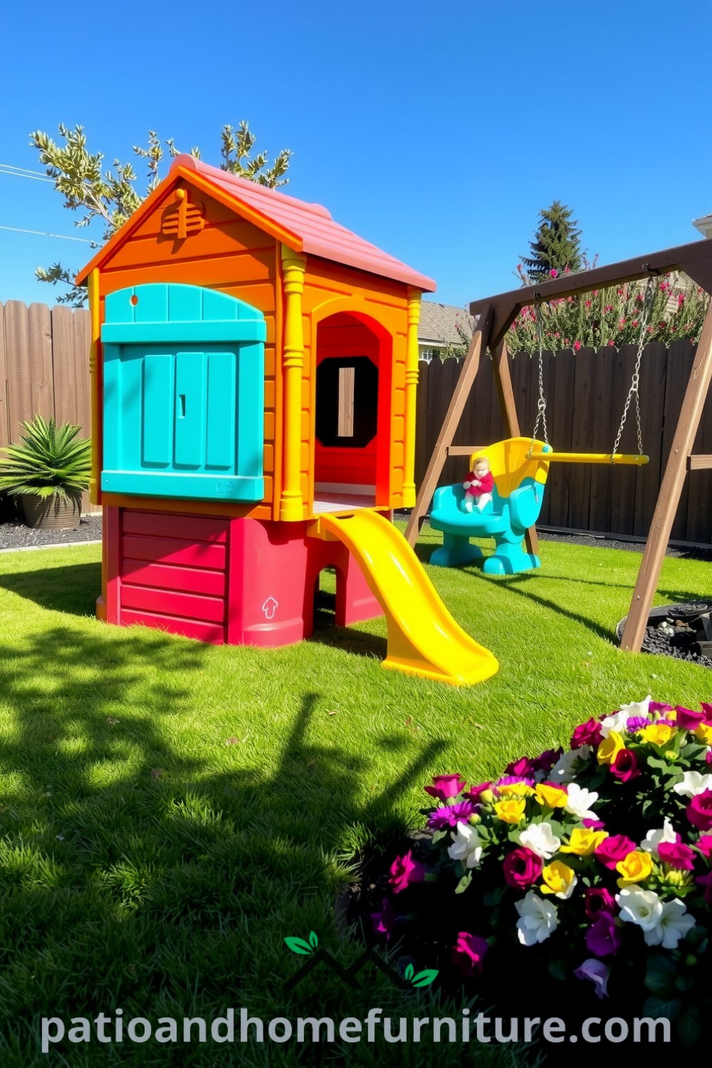 Bright backyard modular plastic playground with a small slide, climbing walls, and a sturdy swing set, surrounded by blooming flower beds, creating a cozy and inviting atmosphere for family outdoor fun, featuring playful colors and decor ideas from fireplacesandwoodstoves.com.