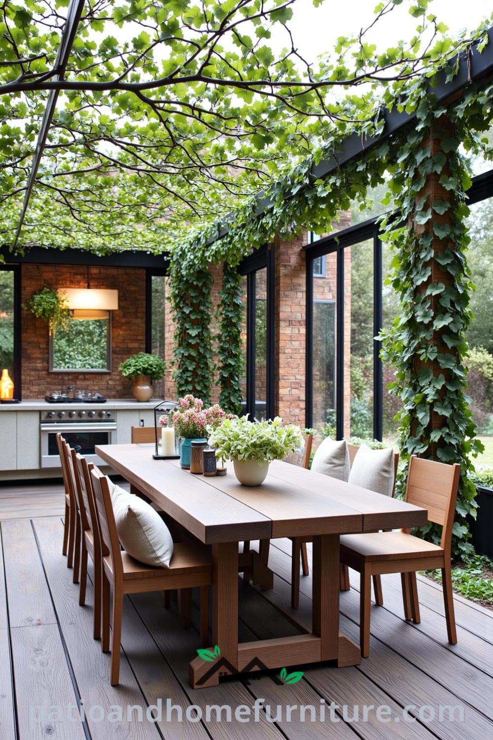 Backyard dining space with weathered wooden decking, a cozy pergola covered in climbing vines, and a rustic reclaimed wood dining table surrounded by mismatched chairs and cushions, illuminated by warm lanterns, offering cozy ideas and decor inspirations for your home at fireplacesandwoodstoves.com.
