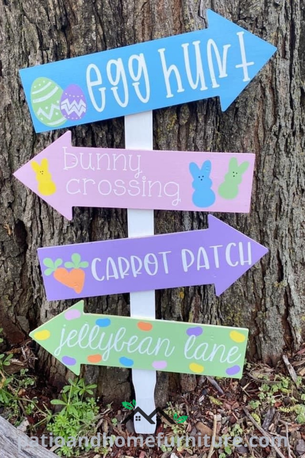 Wooden Easter decor signs displaying "Egg Hunt," "Bunny Crossing," "Carrot Patch," and "Jelly Bean Lane," perfect for spring celebrations and adding a cozy touch to your outdoor space, featured on wellnesswink.com.