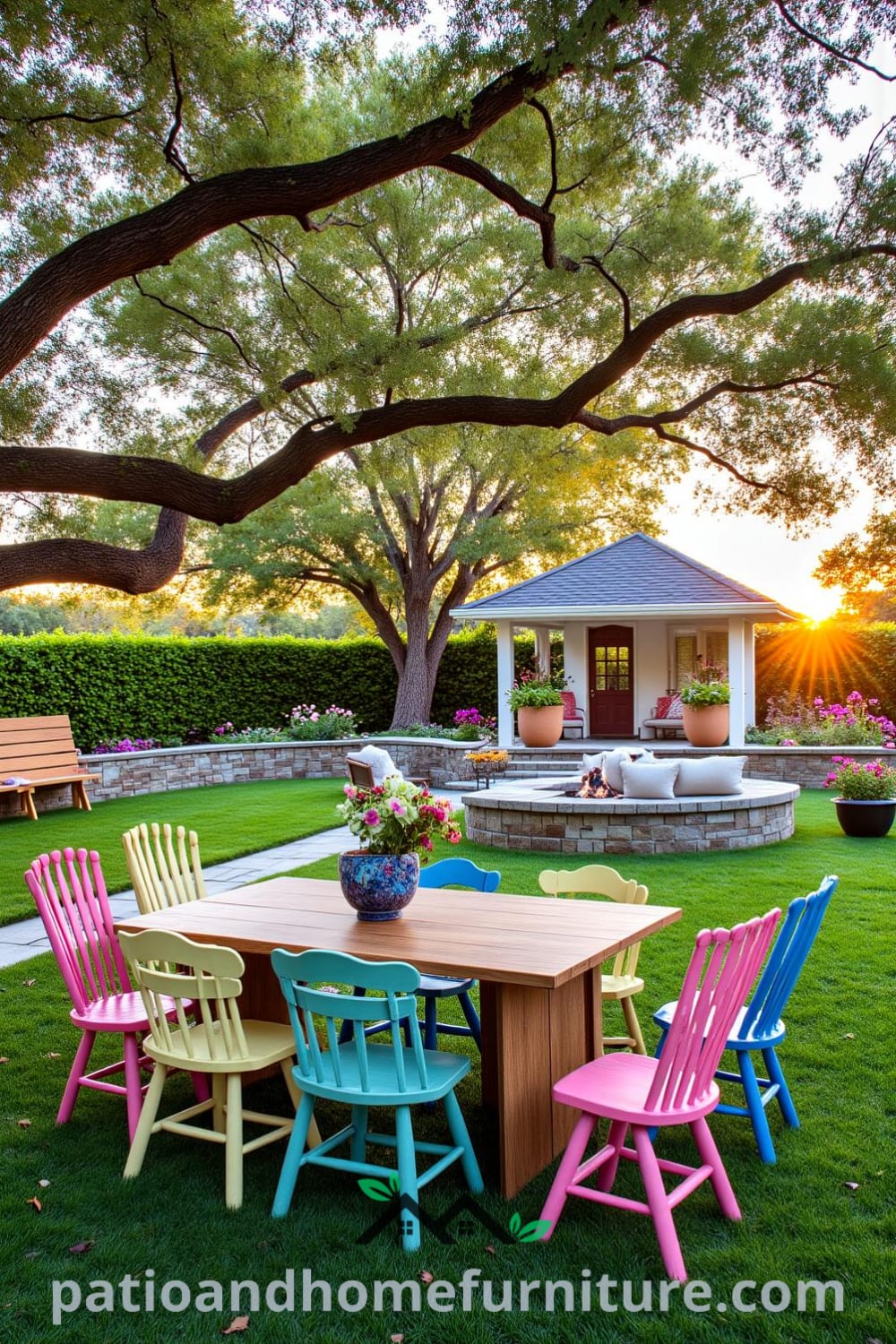 A weathered wooden dining table under an oak tree with colorful mismatched chairs, leading to a cozy fire pit surrounded by cushions, creating an inviting outdoor retreat with blooming flowers, featured on fireplacesandwoodstoves.com.