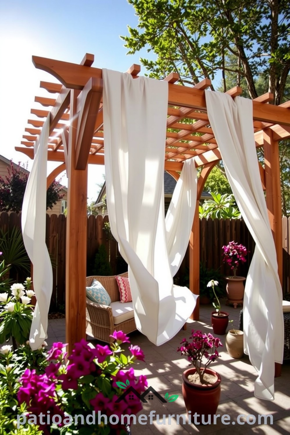 Cozy pergola in a sun-drenched backyard with flowing white fabric, surrounded by vibrant potted plants, creating an inviting space for relaxation and gatherings, showcasing inspiring decor ideas for your home at fireplacesandwoodstoves.com.
