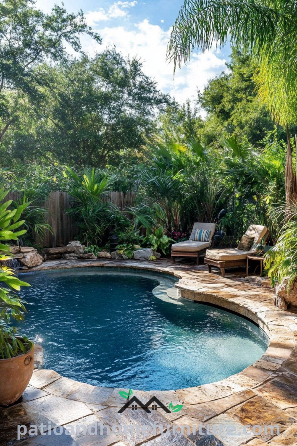 Tropical backyard oasis featuring an above ground pool, cozy fire pit, and lush landscaping from patioandhomefurniture.com, providing outdoor ideas with pool for a luxurious resort-like atmosphere.