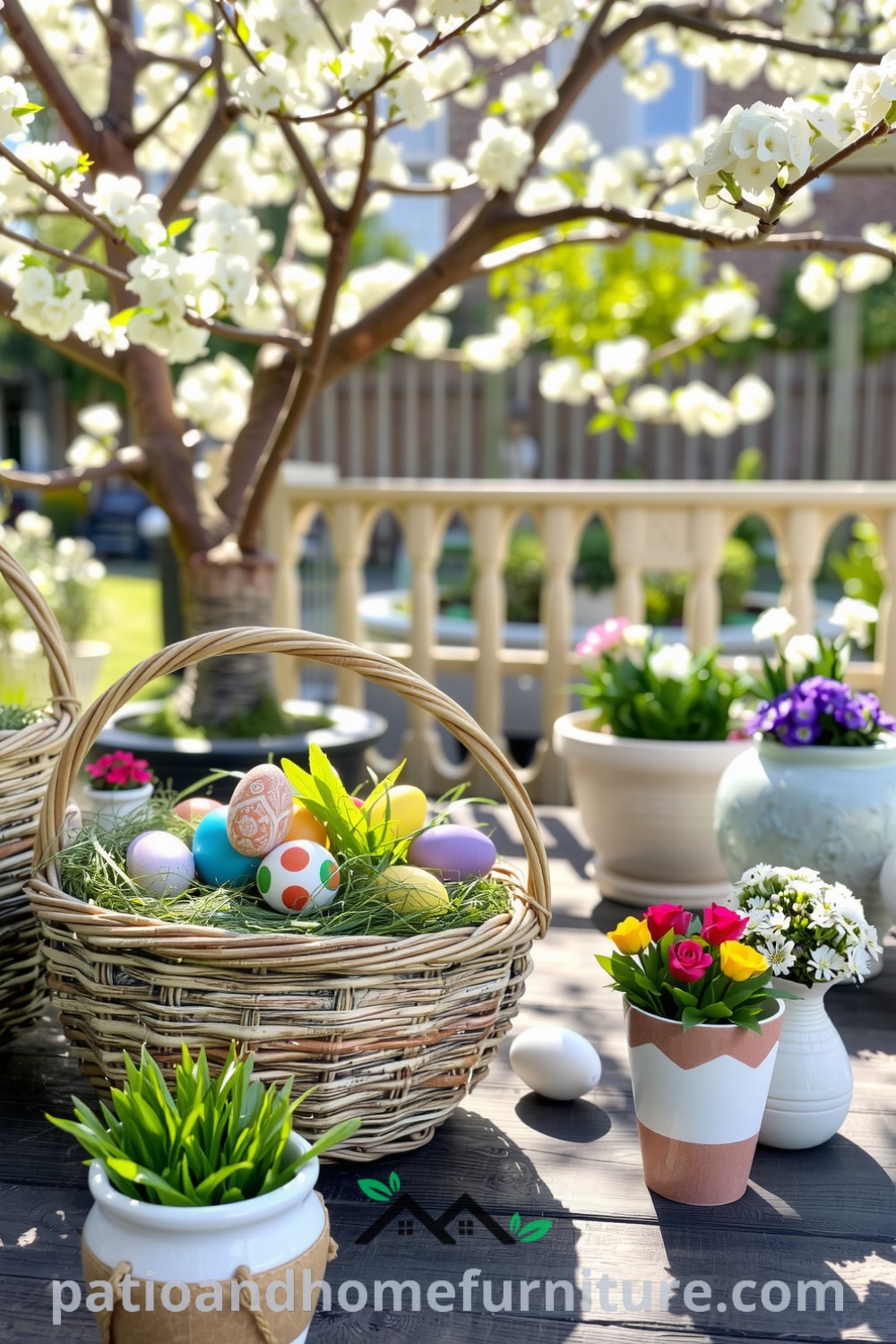Brightly decorated patio featuring vibrant Easter eggs in wicker baskets, lush grass, and delicate floral arrangements in ceramic pots, with sunlight creating playful shadows, showcasing cozy ideas for a joyful outdoor gathering at fireplacesandwoodstoves.com.