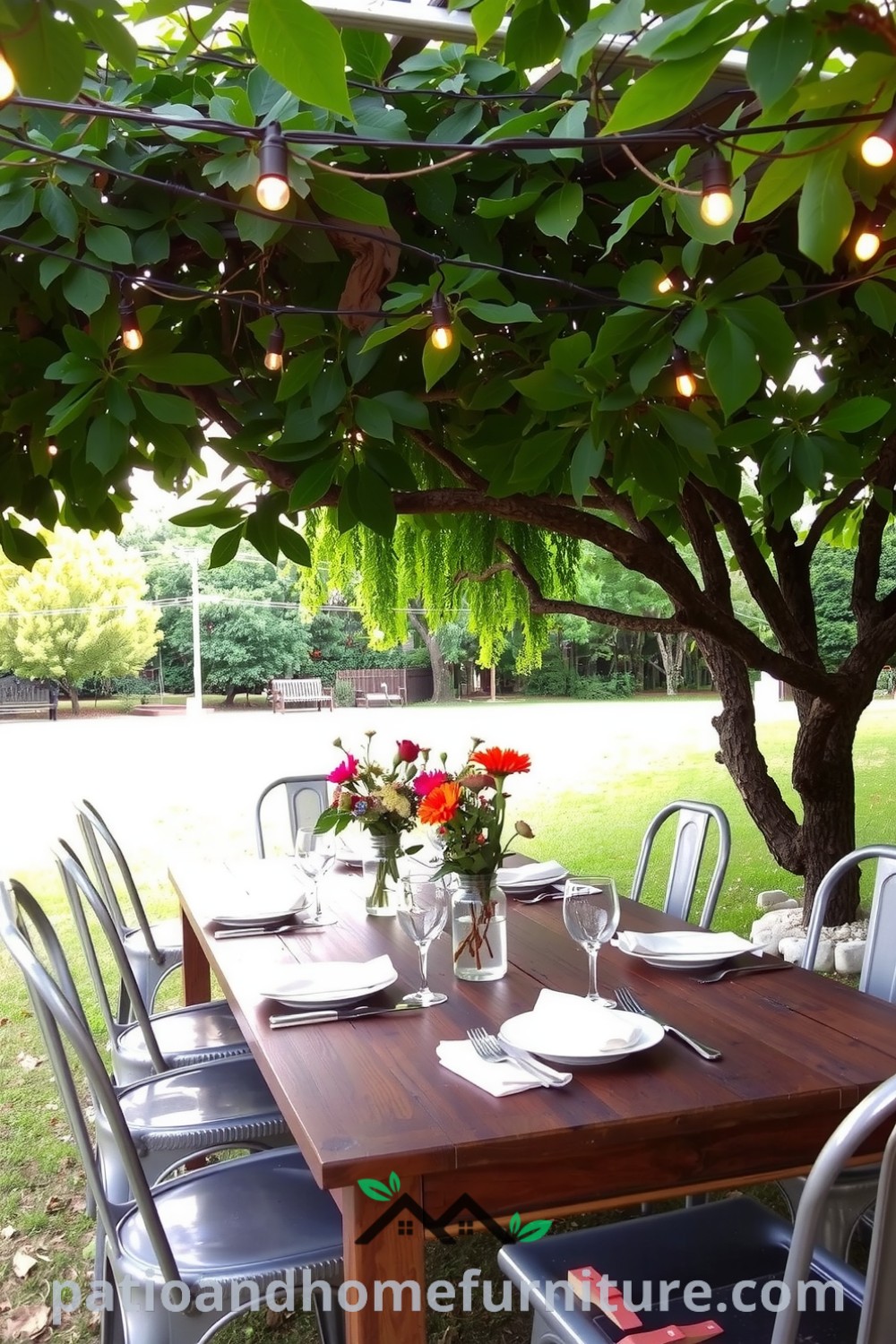 Outdoor dining area under lush greenery featuring a rustic wooden table and weathered metal chairs, illuminated by string lights, with wildflower centerpieces in mismatched vases, creating a cozy and inviting atmosphere perfect for celebrations, as showcased on fireplacesandwoodstoves.com.
