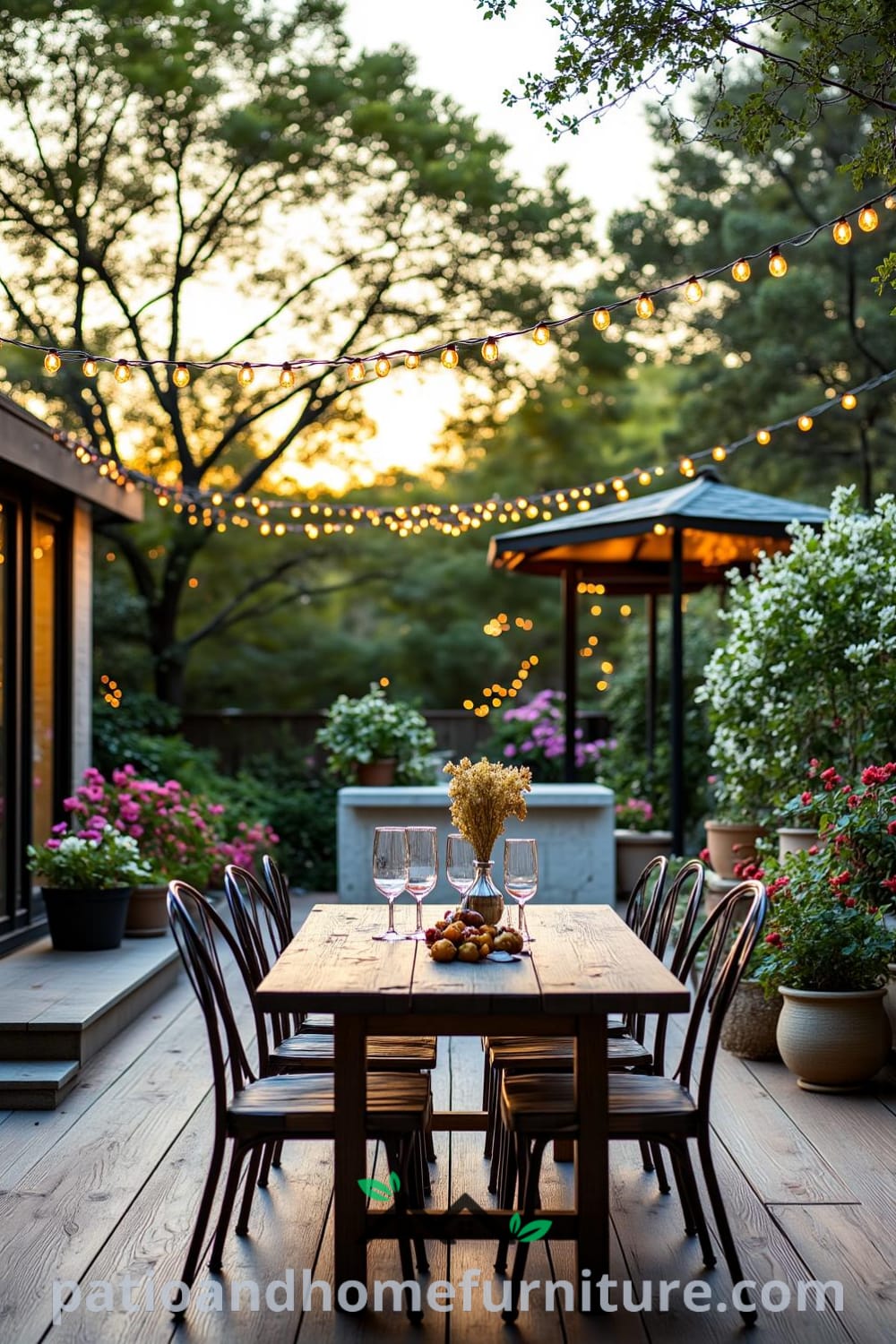 Backyard scene with a weathered wooden deck surrounded by greenery and flowers, featuring rustic metal chairs around a reclaimed wood table, illuminated by twinkling fairy lights, inspiring cozy home decor ideas from fireplacesandwoodstoves.com.