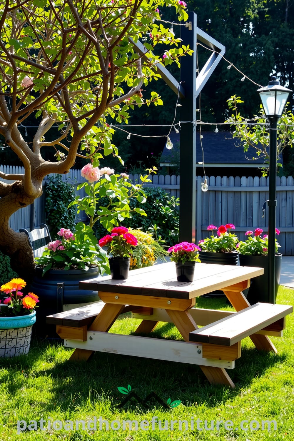 A cozy backyard scene with a weathered wooden picnic table surrounded by colorful potted plants and fairy lights, showcasing unique decor ideas for creating an inviting outdoor space at fireplacesandwoodstoves.com.
