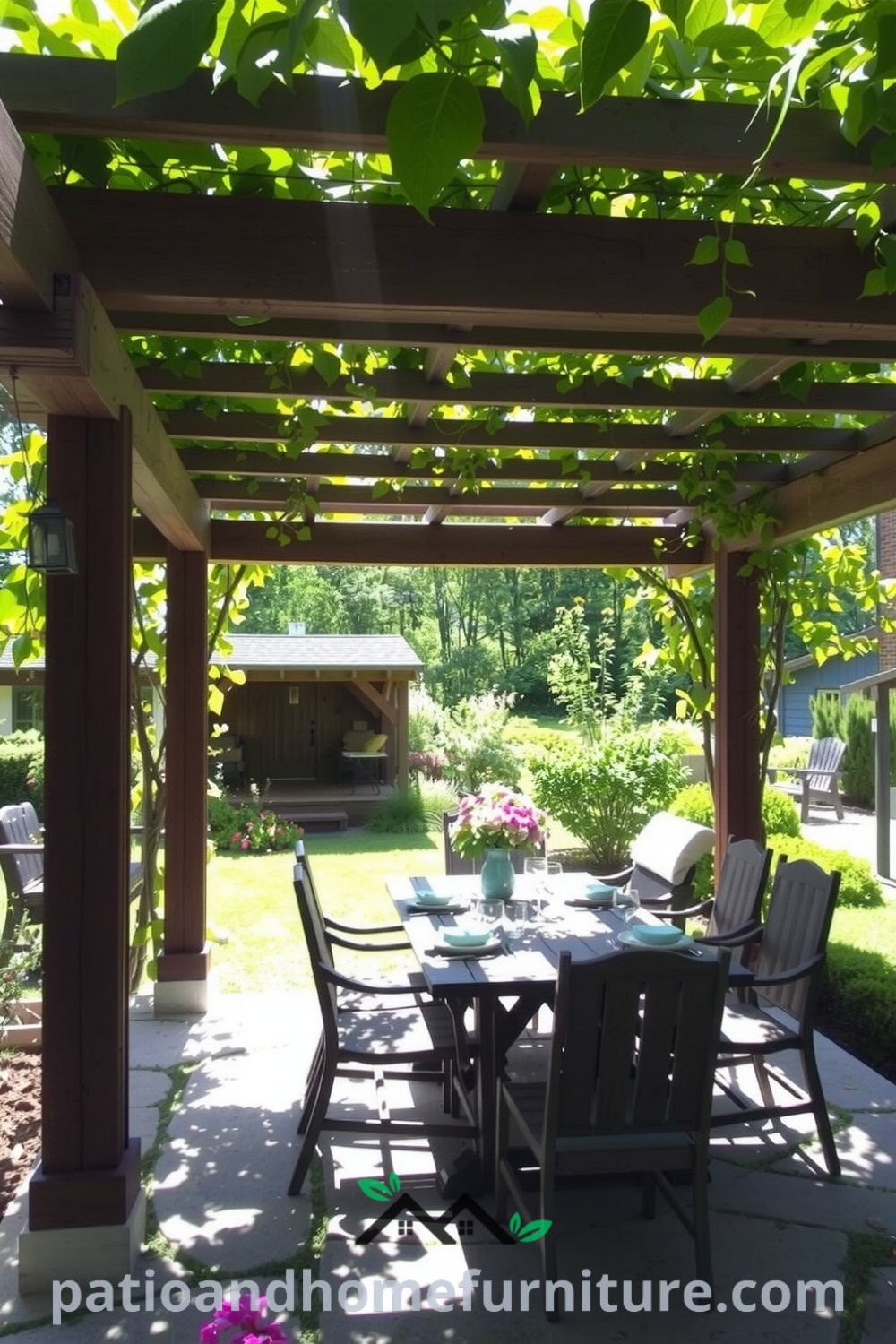 Wooden pergola entwined with climbing vines in a sunlit garden, set with a rustic table and mismatched chairs, inviting a cozy atmosphere for gatherings, perfect decor inspirations for your home at fireplacesandwoodstoves.com.
