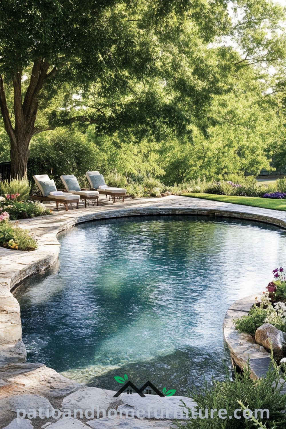 Backyard pool oasis with rugged stone decking, lush greenery, and colorful flower beds, featuring inviting lounge chairs for relaxation; discover inspiring decor ideas for your home at fireplacesandwoodstoves.com.